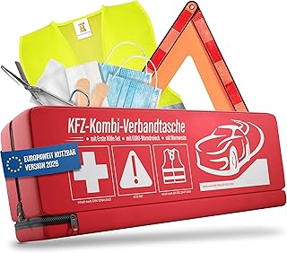 HELDENWERK KFZ Kombitasche (3 in 1) nach aktueller Norm 2026 - Inkl. Warndreieck, Warnweste - Verbandskasten Warndreieck Set Verbandskasten Auto DIN 13164:2022 (StVO konform)