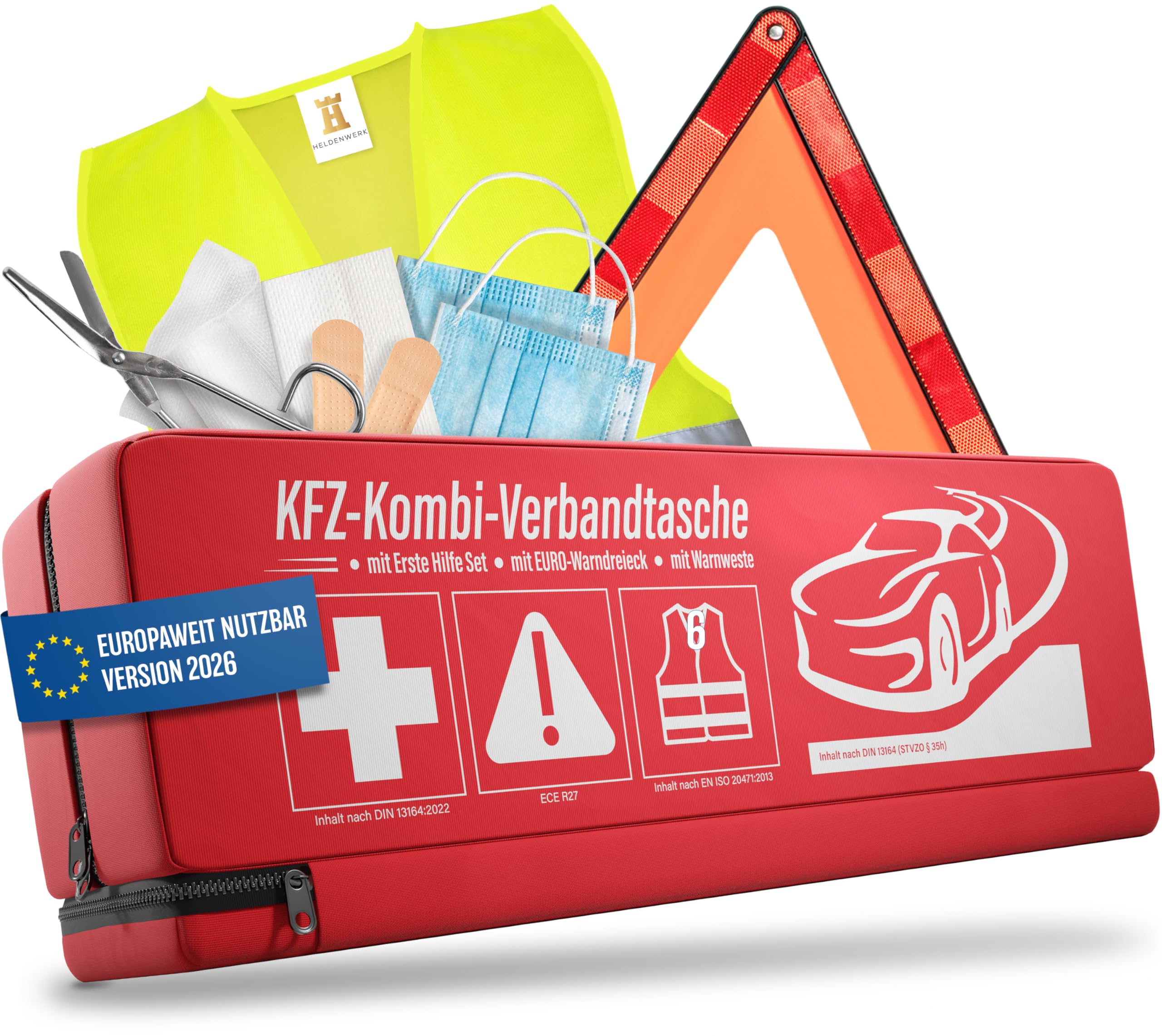HELDENWERK KFZ Kombitasche (3 in 1) nach aktueller Norm 2026 - Inkl. Warndreieck, Warnweste - Verbandskasten Warndreieck Set Verbandskasten Auto DIN 13164:2022 (StVO konform)