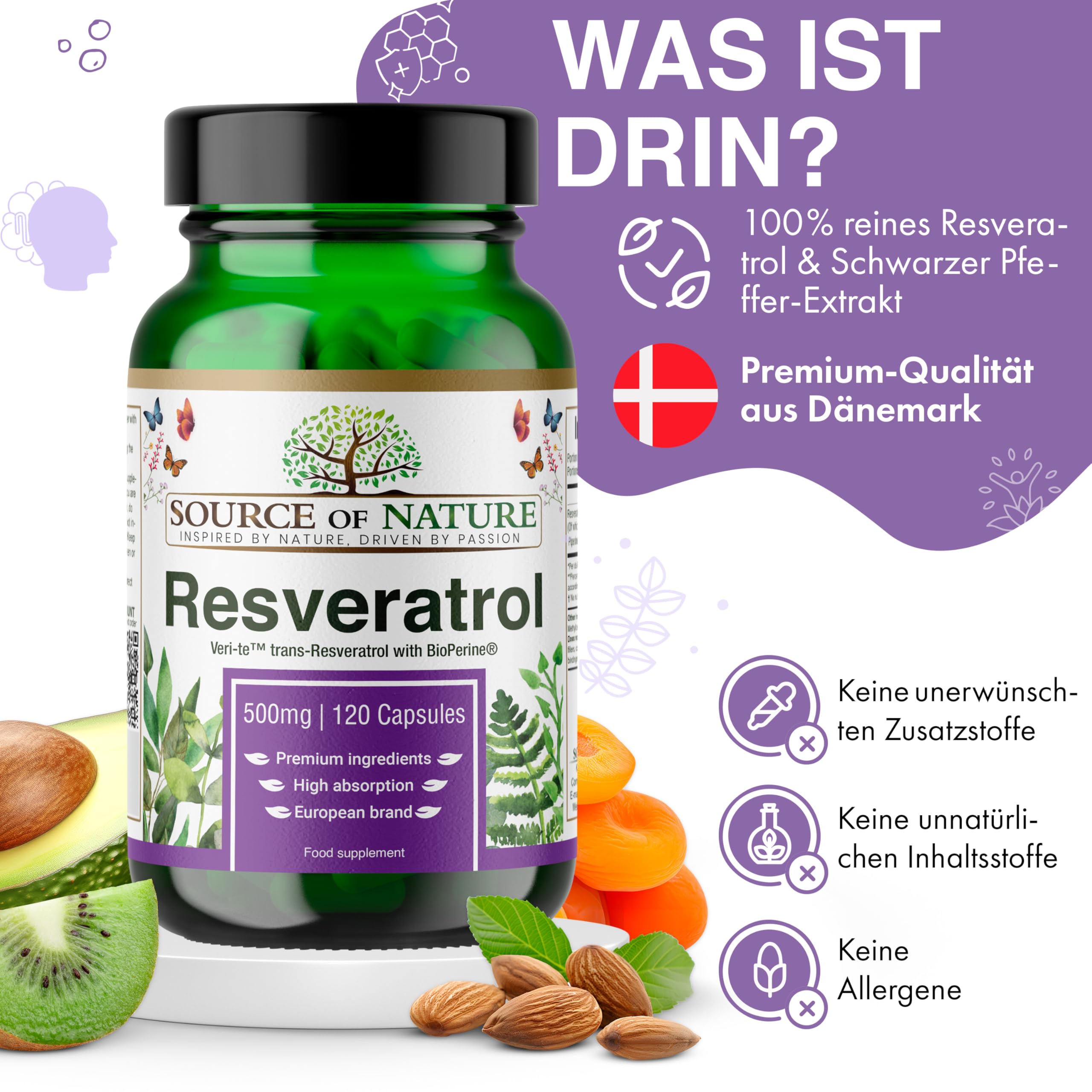 Trans-Resveratrol 500 mg | 120 vegane Kapseln | Hochdosiert | 98 % Reinheit | Natürlich fermentiert | Mit Piperin | Laborgeprüft | Premium-Qualität