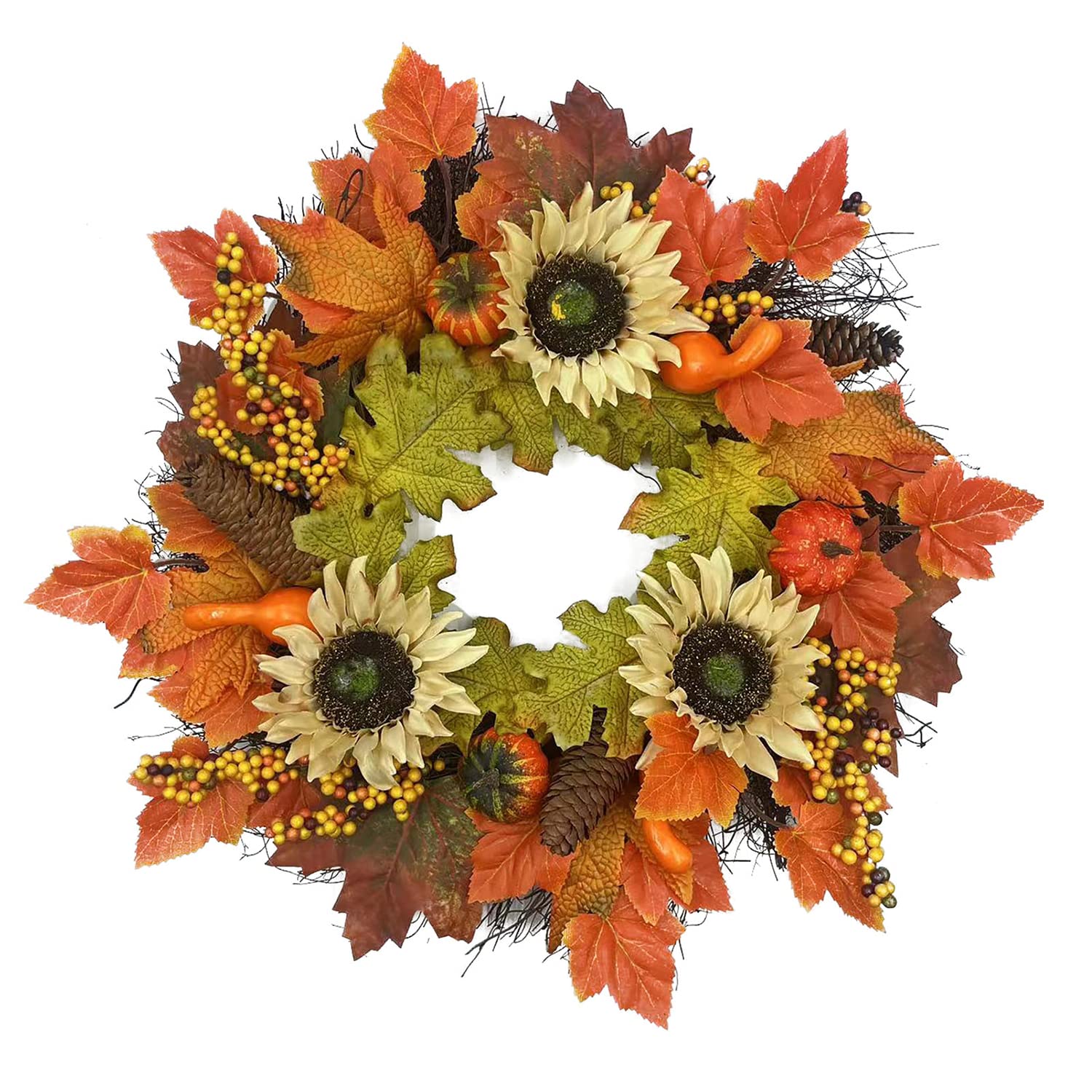 Meagkka 20 Inch Fall Wreath for Front Door with Pumpkins Pinecone Berries Sunflower Autumn Wreath for Thanksgiving Halloween Wreath Wall Table Front Porch Home Decoration
