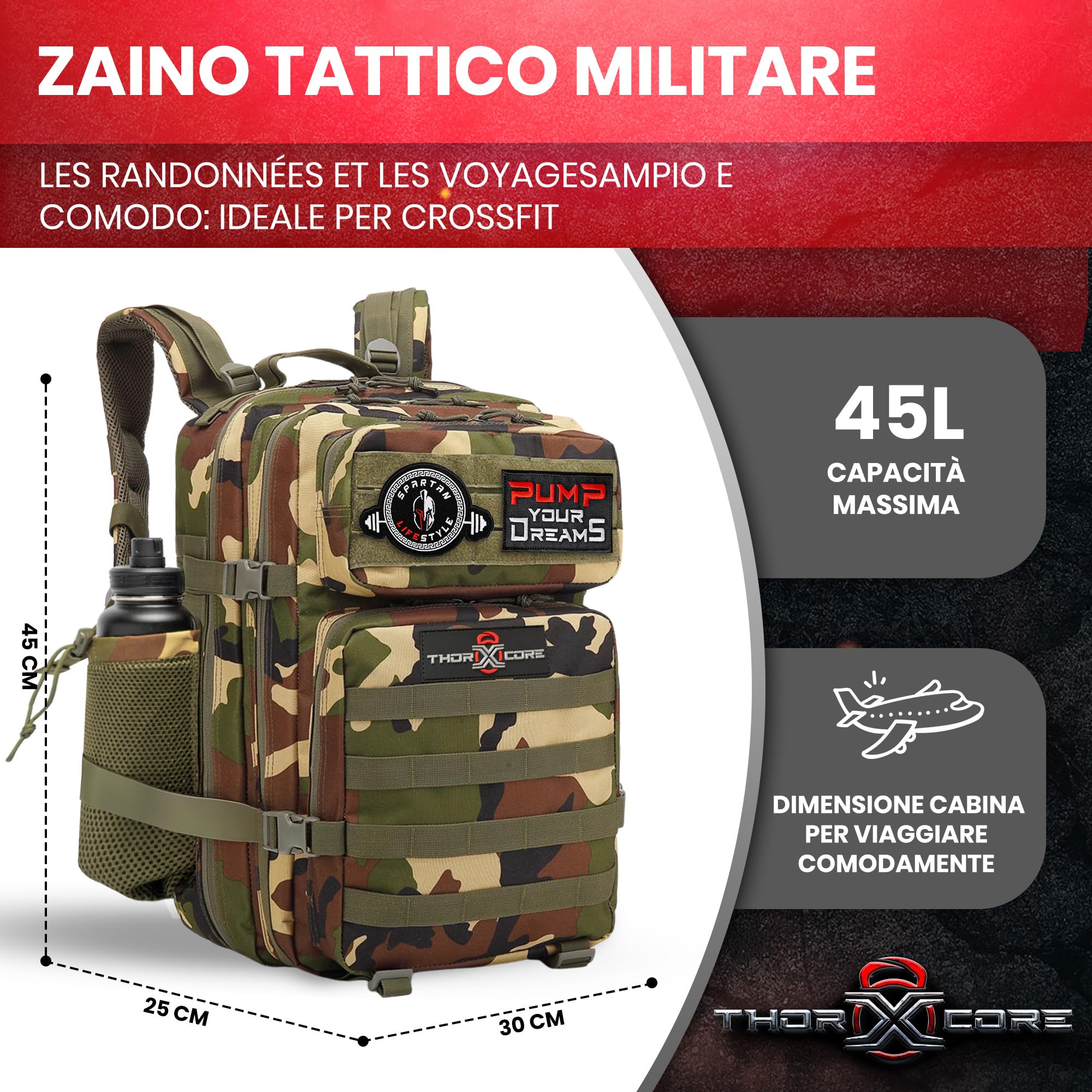 Zaino CrossFit | Zaino Tattico Militare 45L Impermeabile, Multitasche, per Palestra, Campeggio, Escursione o Viaggio – Robusto e Personalizzabile con Patch Inclusi