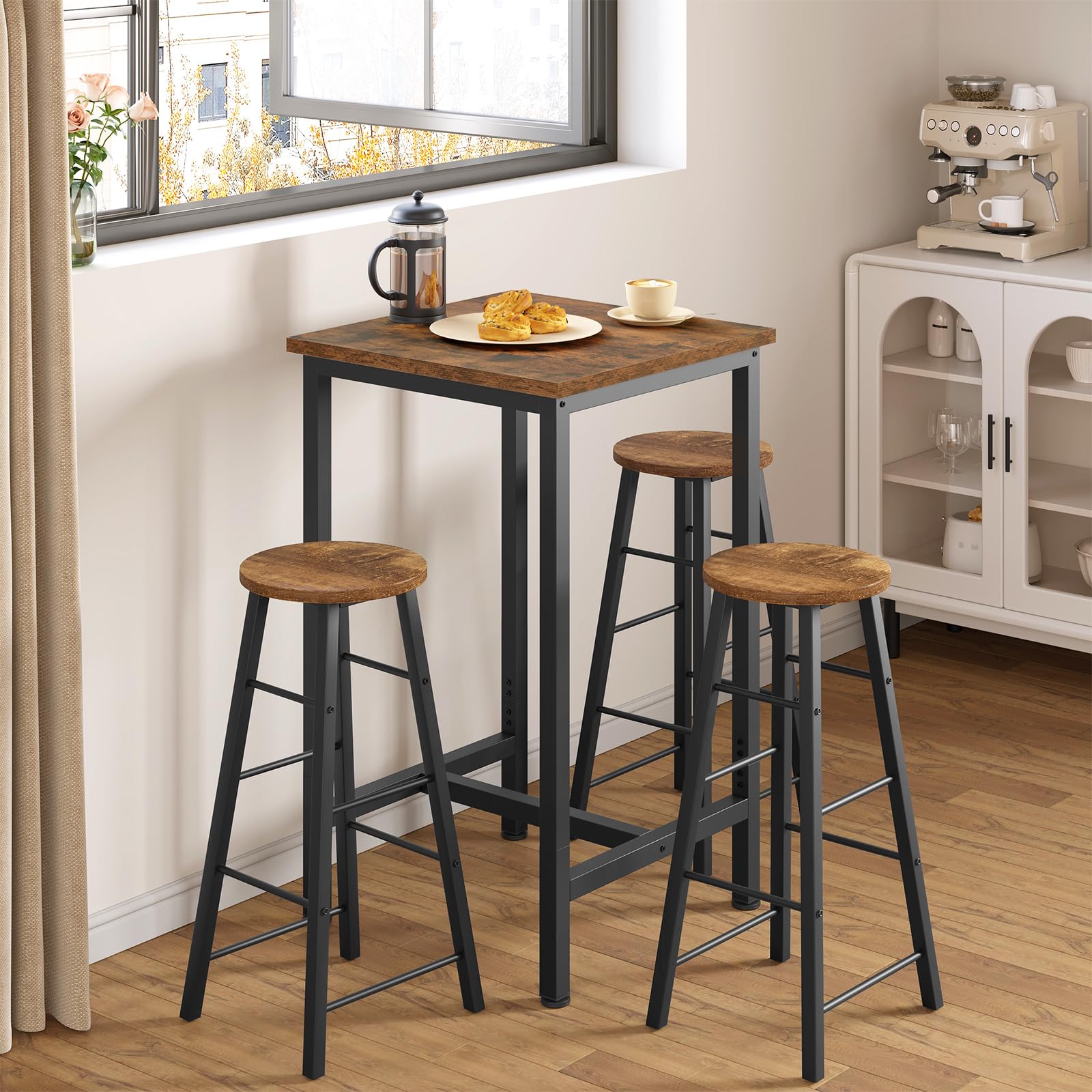 WOLTU Set Mobili da Bar Tavolo con 2 Sgabelli Alti Arredo per Cucina in Acciaio Legno, Tavolo Cucina 60 x 60 x 100 cm, Marrone rustico + Nero