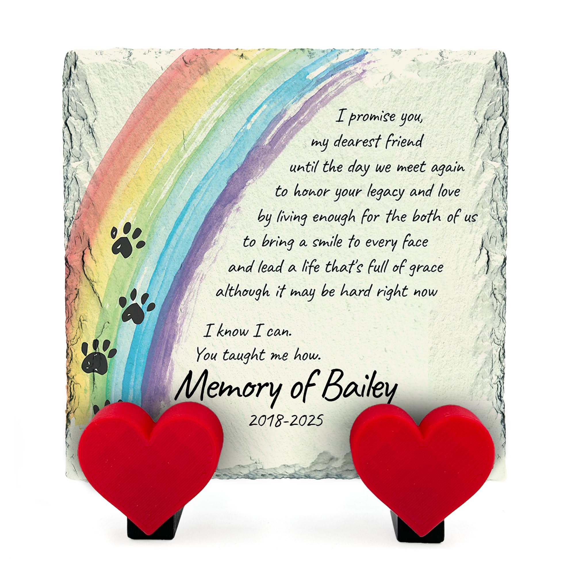 Personalised Memorial Plaque For Pet Cat Dog Natural Stone Slate with Heart Display Stands Rainbow Bridge Frame Paw Grave Maker - Full Print - |4" x 4" or 10 x 10 cm| - Text