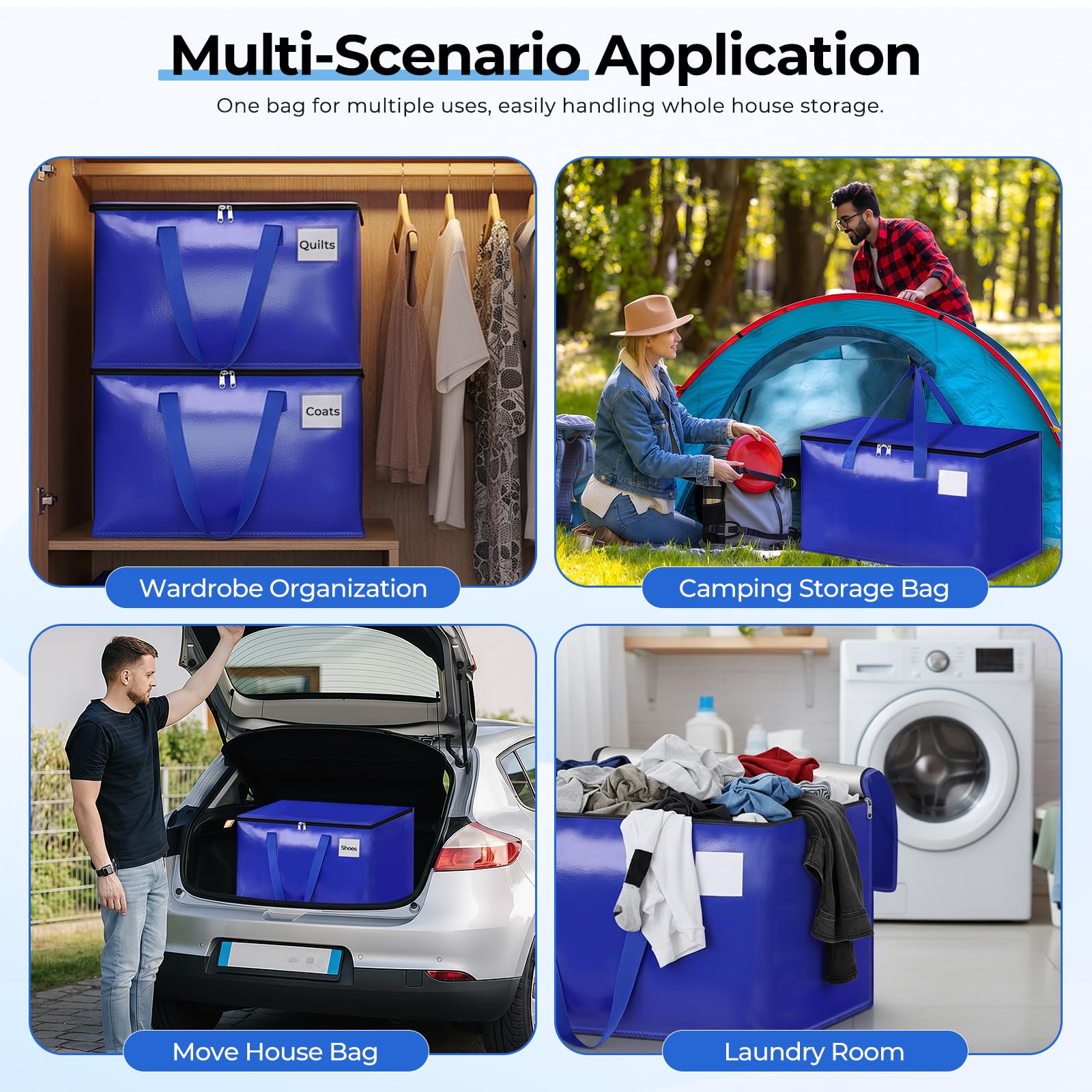 93L sac demenagement, Lot de 6 Imperméable Sacs de Déménagement avec Fermeture éclair et Poignée,Grand Sac de Rangement,Sac Rangement Vetement pour le Vêtement,Couettes et Linge de Lit (Bleu)