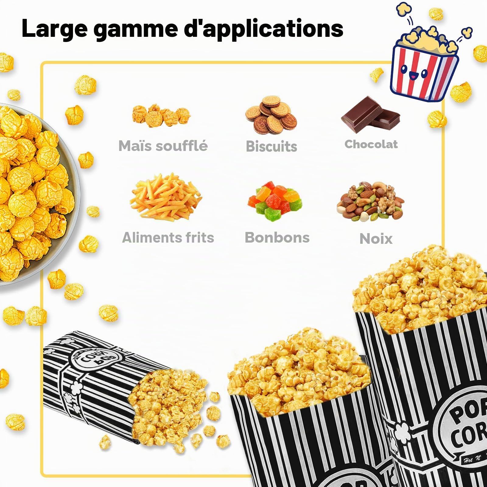 300 Pièces Sachet Pop Corn,Petites Sac Popcorn en Papier Rouge Blanche Rayé,Classique Rétro Snacks Container pour Les Fêtes, Anniversaires, Soirées Cinéma Carnival, Noir & Blanche(21×9×6cm)