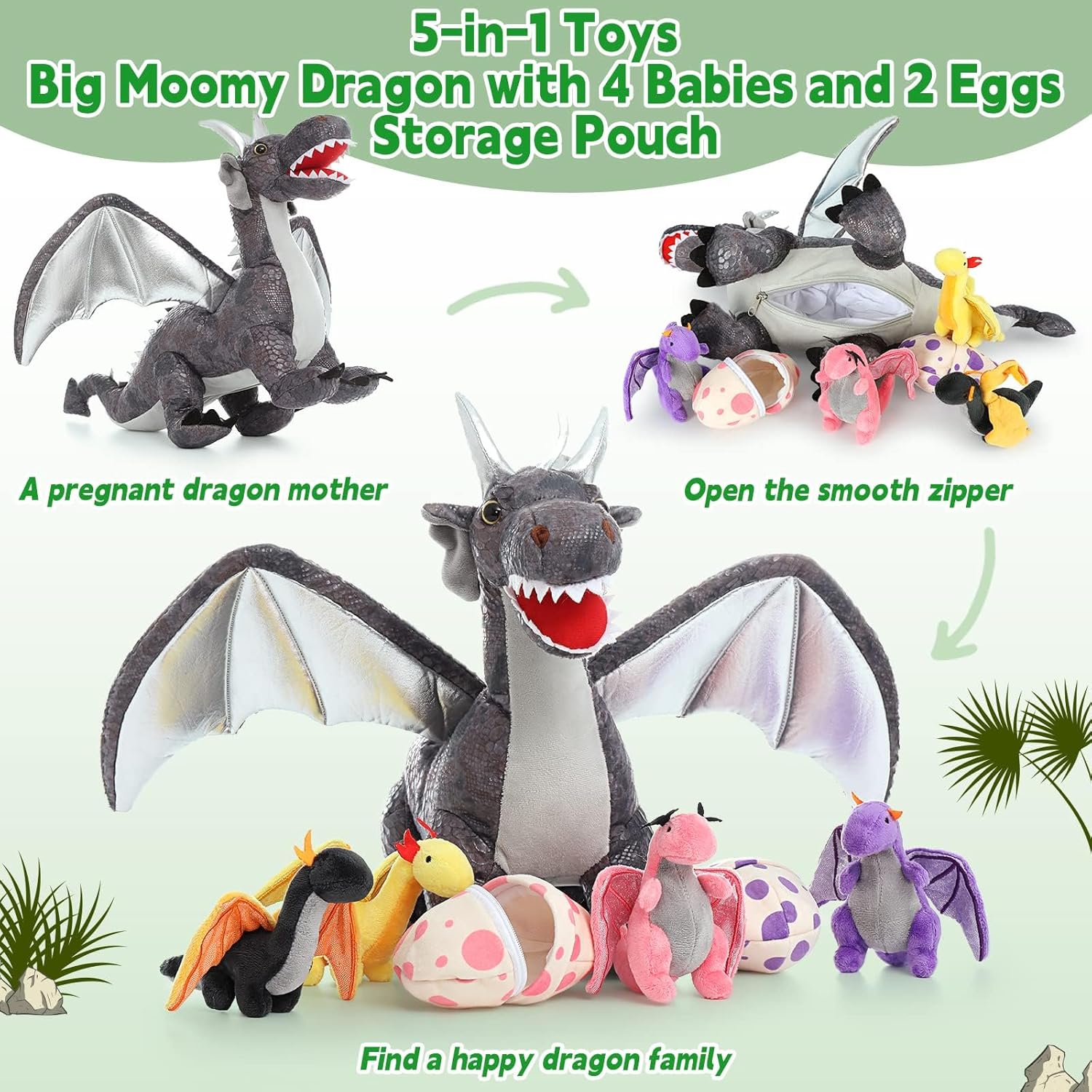 MaoGoLan 7 Pcs Dragon Plush Toy Set for Kid, 22 inch, Large Dragon Stuffed Animal with 4 Babies and 2 Eggs in Mom's Belly,Dinosaur Plush Gifts for Boy Girl Birthday Easter Party Decor Green