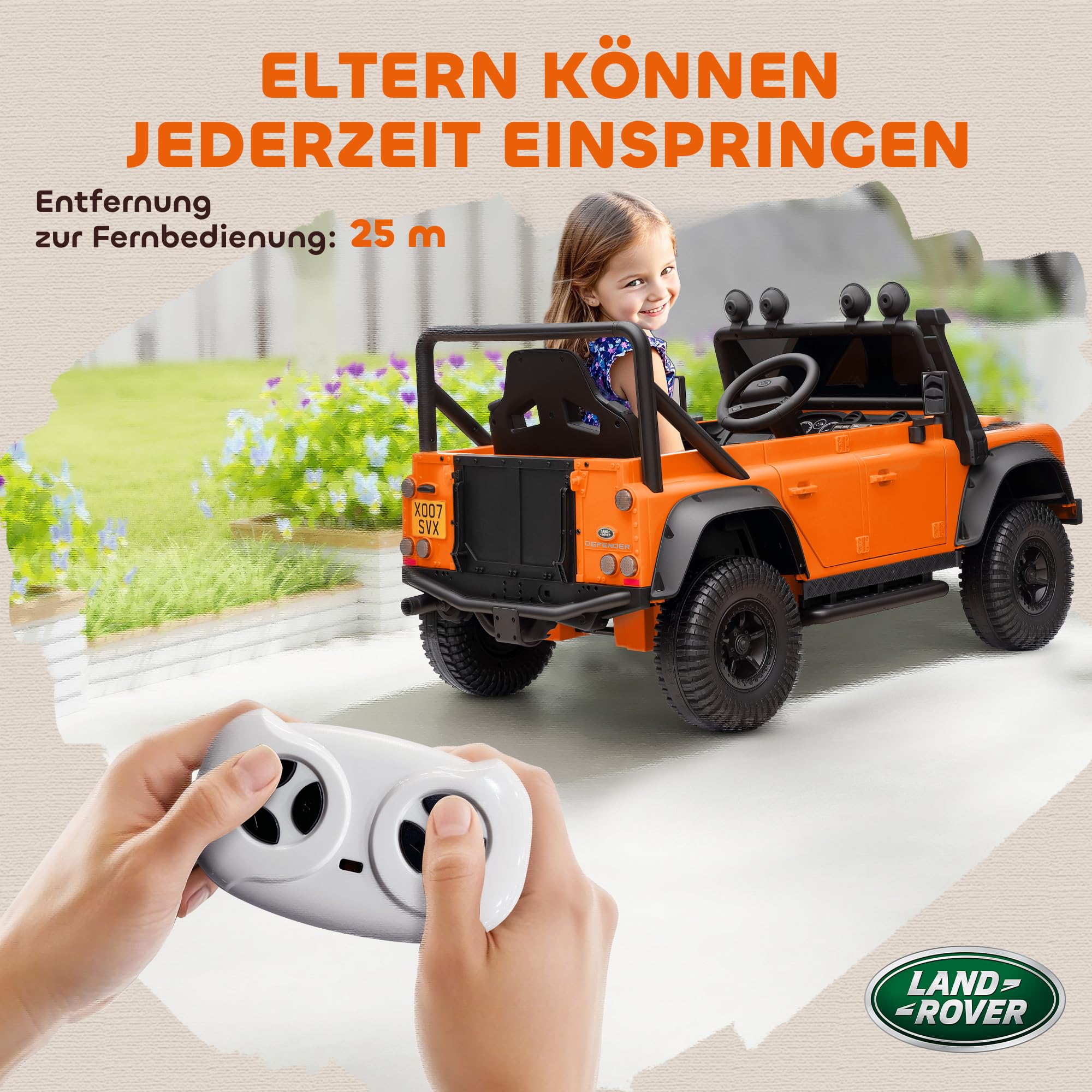 AIYAPLAY Kinder Elektroauto, Land Rover Defender 110 SVX 12V 7Ah Kinderauto mit Fernbedienung, 2 Motor, Kinderfahrzeug mit Softstart, Soft Stopp, 4 Stoßdämpfer, Hupe, MP3, Licht für 3-5 Jahre Orange