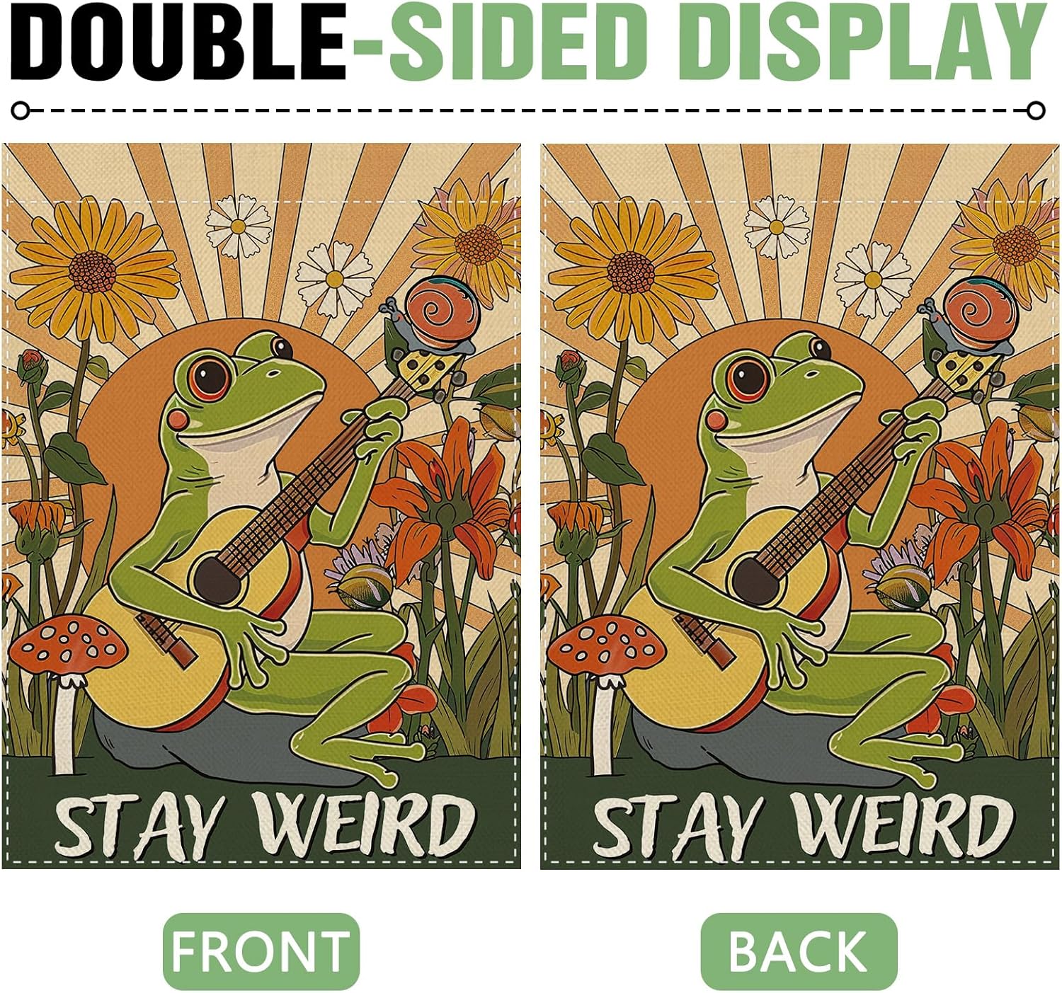 Dyrenson Stay Weird Frog Guitar 28 x 40 House Flag Double Sided, Vintage Hippie Floral Mushroom Sunshine Garden Yard Decoration, Retro Snail Spring Summer Burlap Outdoor Decor Decorative Large Flag