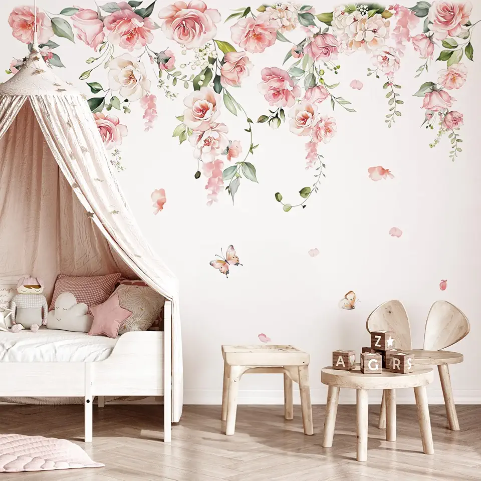 decalmile Large Pink Flower Wall Decals Hanging Vine Floral Wall Stickers Baby Nursery Girls Bedroom Living Room Wall Decor