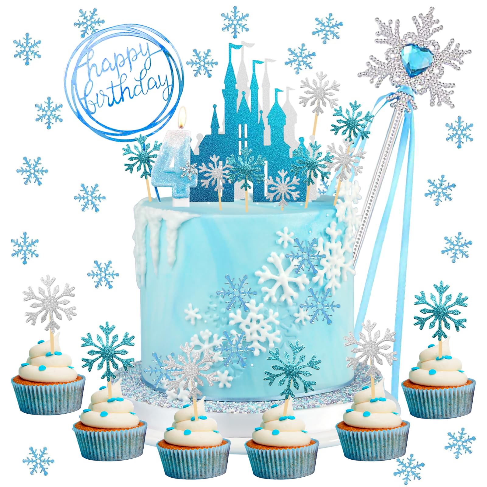 Eiskönigin Geburtstagsdeko 4 Jahre – Eiskönigin Tortendeko, Frozen Kuchendeko für Mädchen – Geburtstagskerzen Set für Kinderparty, Tortenaufsatz für Eis- & Winter-Motto Schneeflocken