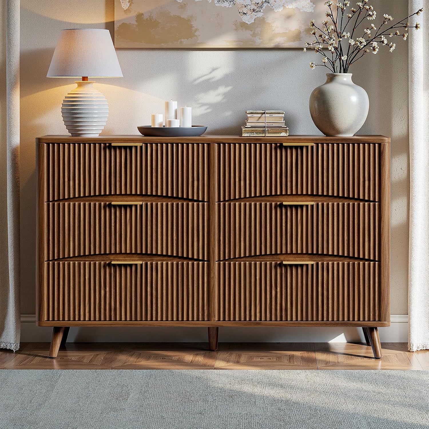 Evermagin 54" Wide Fluted 6 Drawer Dresser, Mid Century Modern Curved Dresser, Light Wood Chest of Drawers for Bedroom, Living Room and Entryway, Walnut