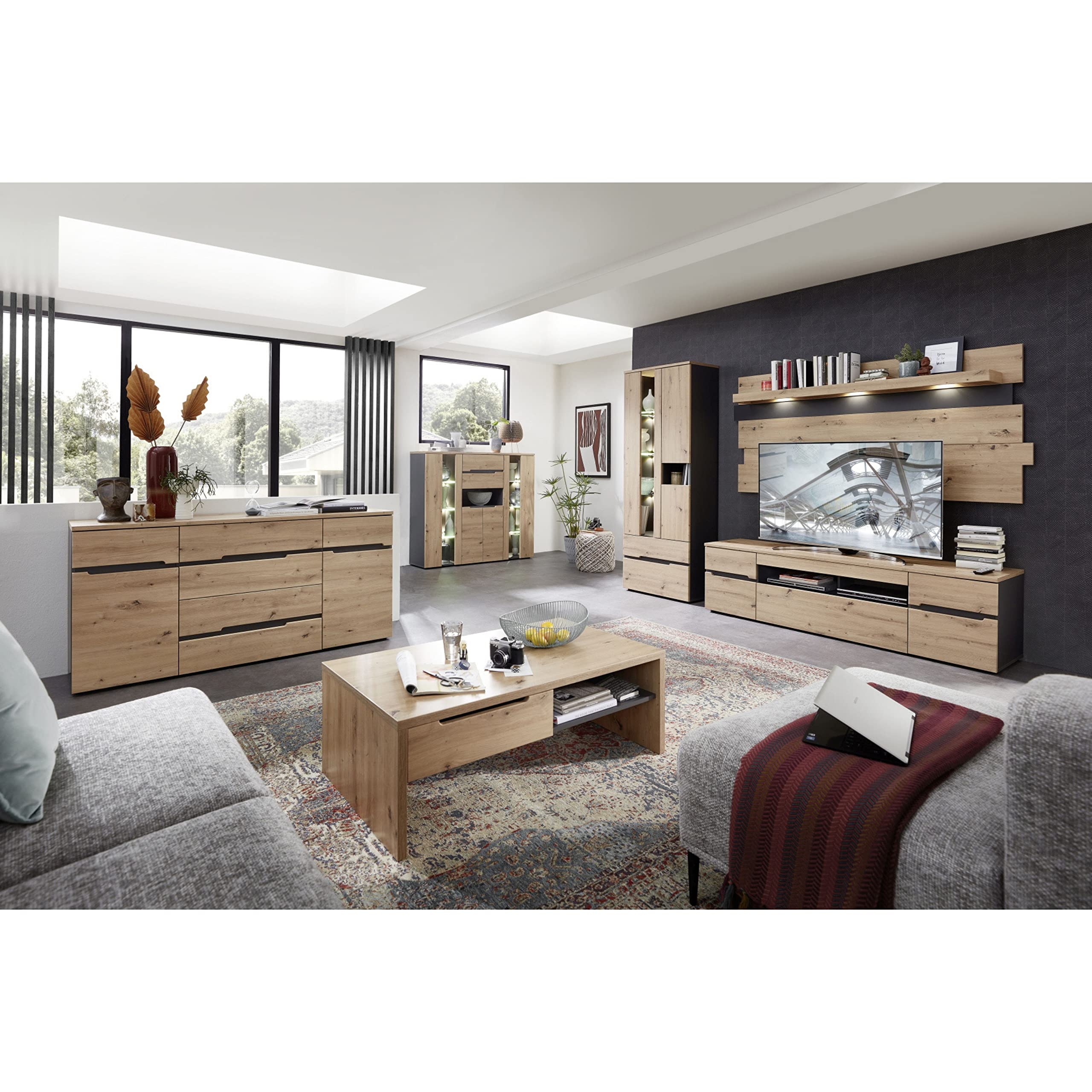 Stella Trading MEMPHIS TV-Lowboard in Artisan Eiche Optik, Graphit - Moderner TV Schrank mit Schublade und viel Stauraum für Ihr Wohnzimmer - 192 x 53 x 47 cm (B/H/T)