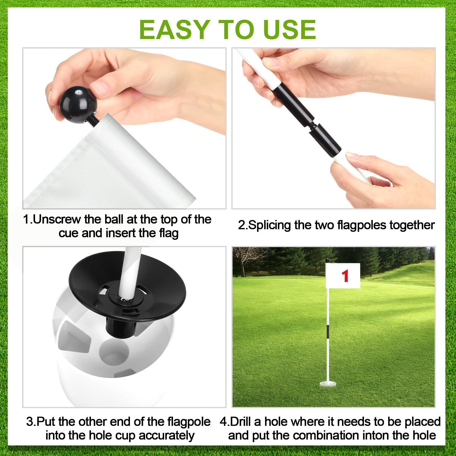 Hungdao Golfflaggenstäbe, Flaggen mit Bechern, grüne Flagge, Golfstangen-Pin, Flaggenmast, Golflochbecher, Nylon, tragbare Mini-Golfflaggenstäbe, 2 Abschnitte für Hof-Golfplatz, gemischt, 3 Stück