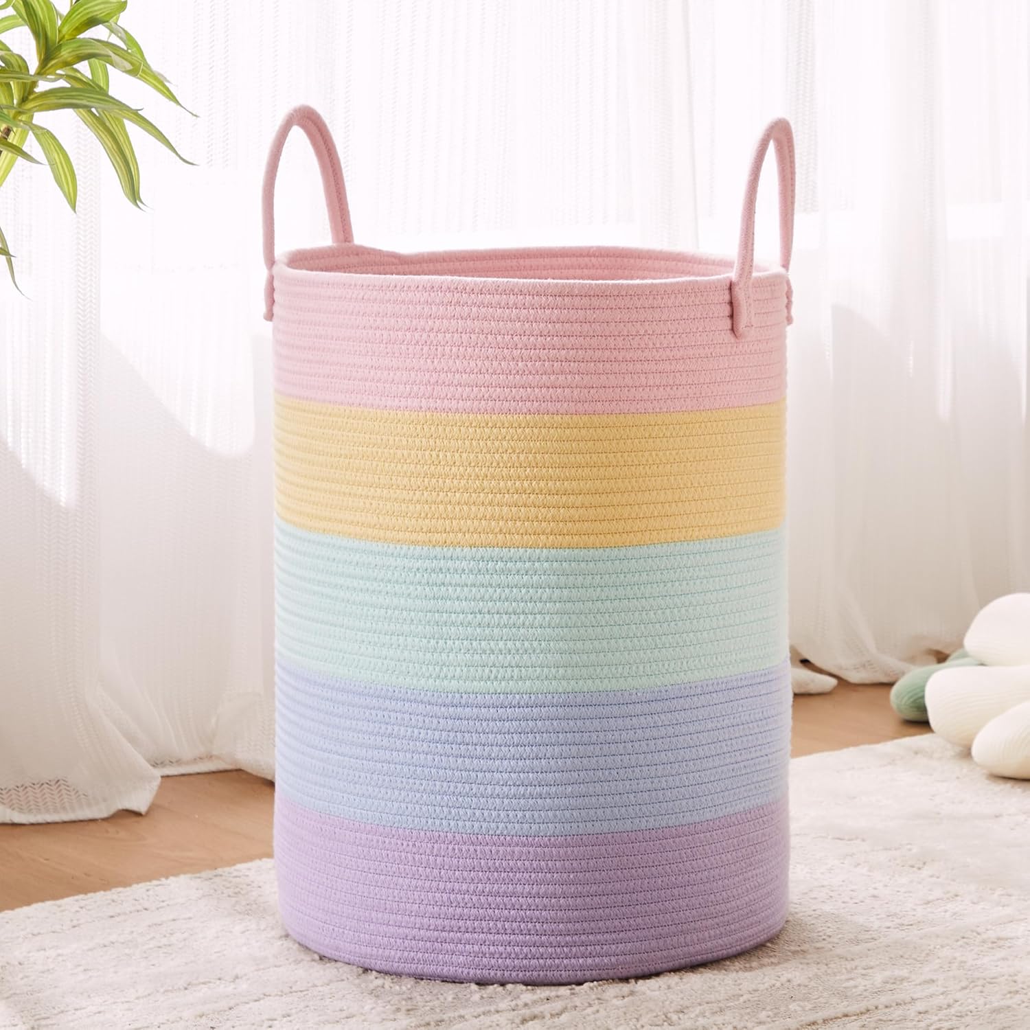 15Dx20H inches Baby Girls Kids Hamper Rainbow Laundry Basket for Nursery Clothes Pastel Unicorn Woven Hamper in Playroom Bedroom 60L Large Tall Blanket Basket