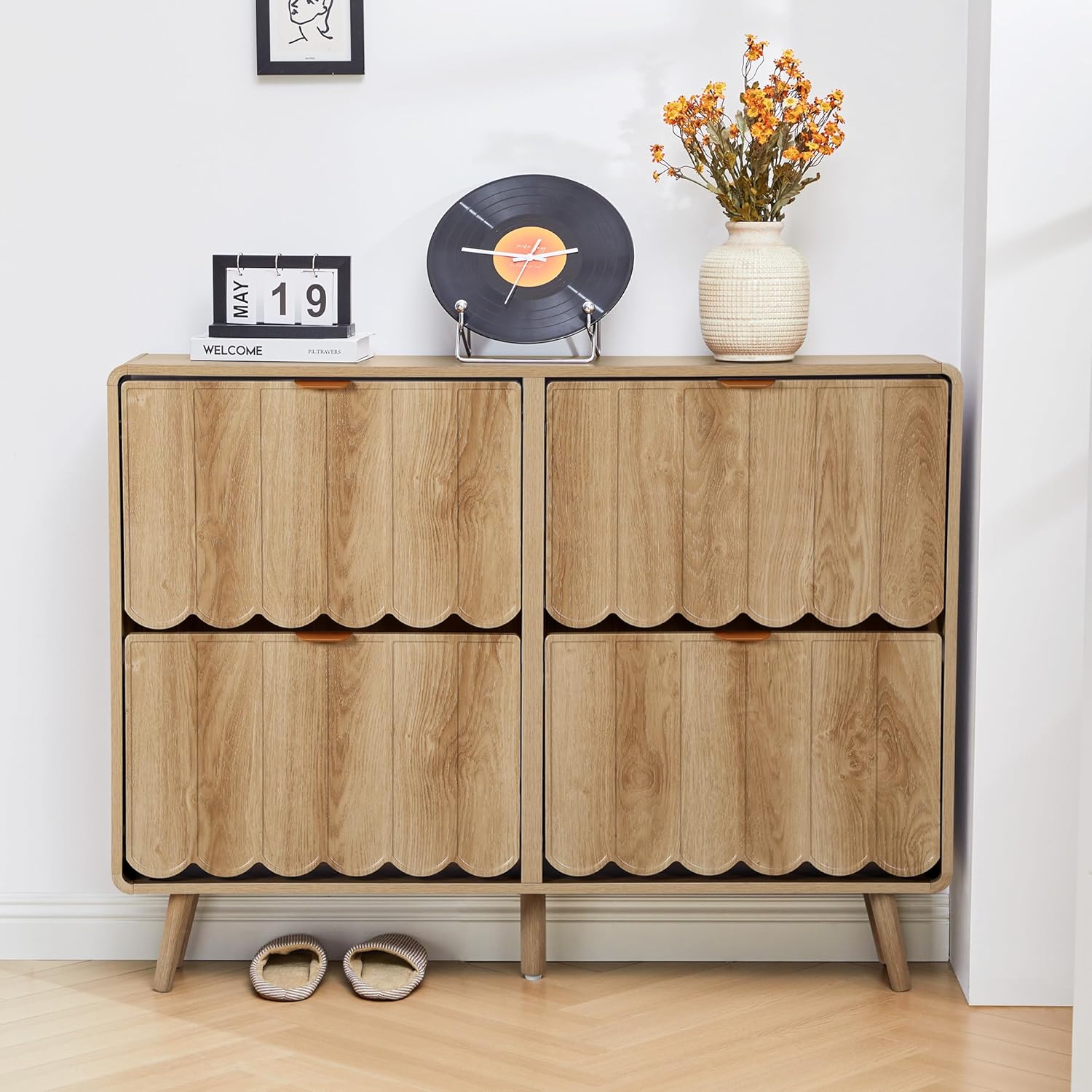 ORRD Shoe Storage Cabinet for Entryway with 4 Flip Drawers, Freestanding Narrow Wood Shoe Cabinet with Wave Panel, Hidden Shoe Organizer for Foyer, Hallway (Natural)