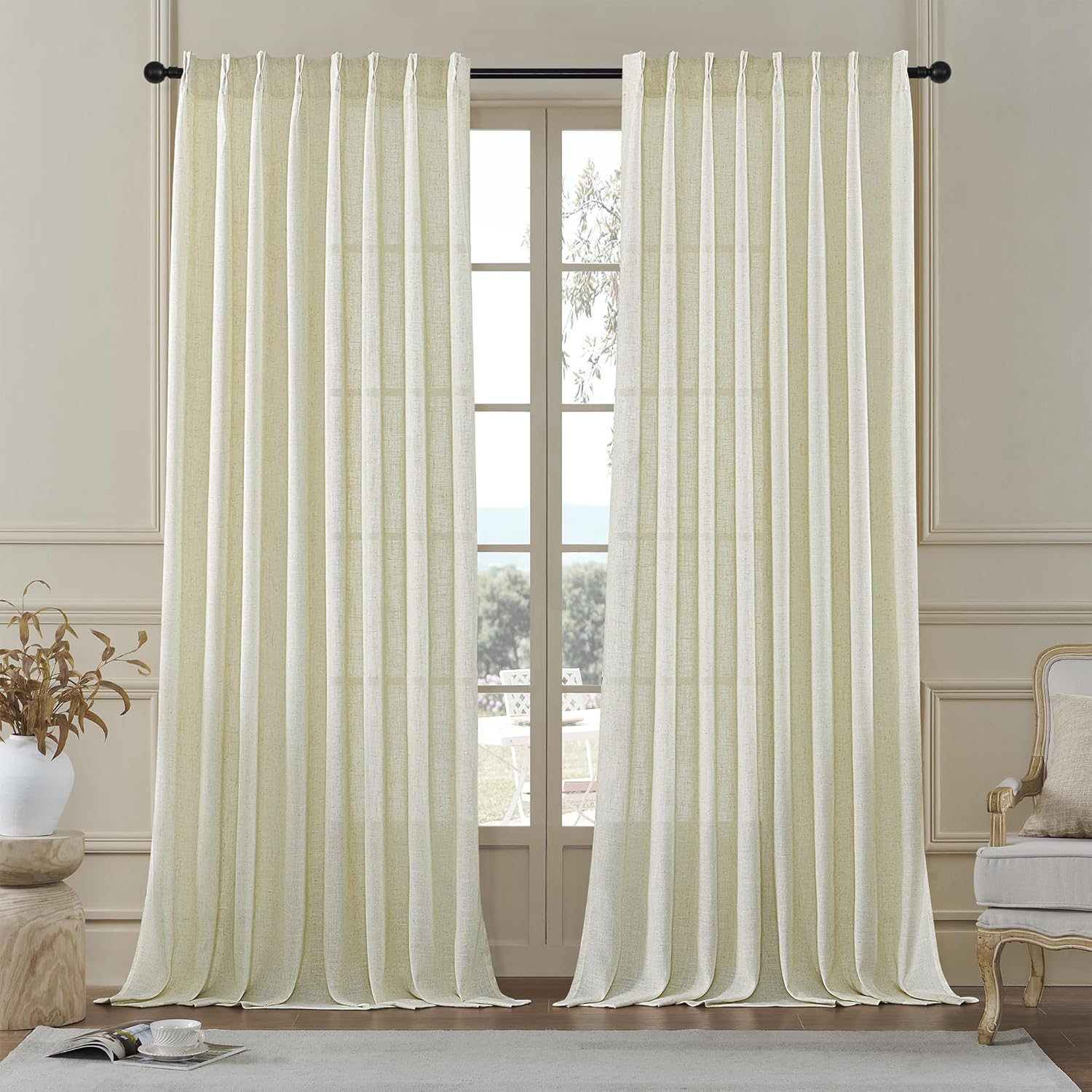 MASWOND Natural Pinch Pleated 108 Inch Curtains 2 Panels for Living Room Semi Sheer Linen Curtains Pinch Pleat Drapes for for Living Room Pinch Drapes with Hooks 50" Wx108 L