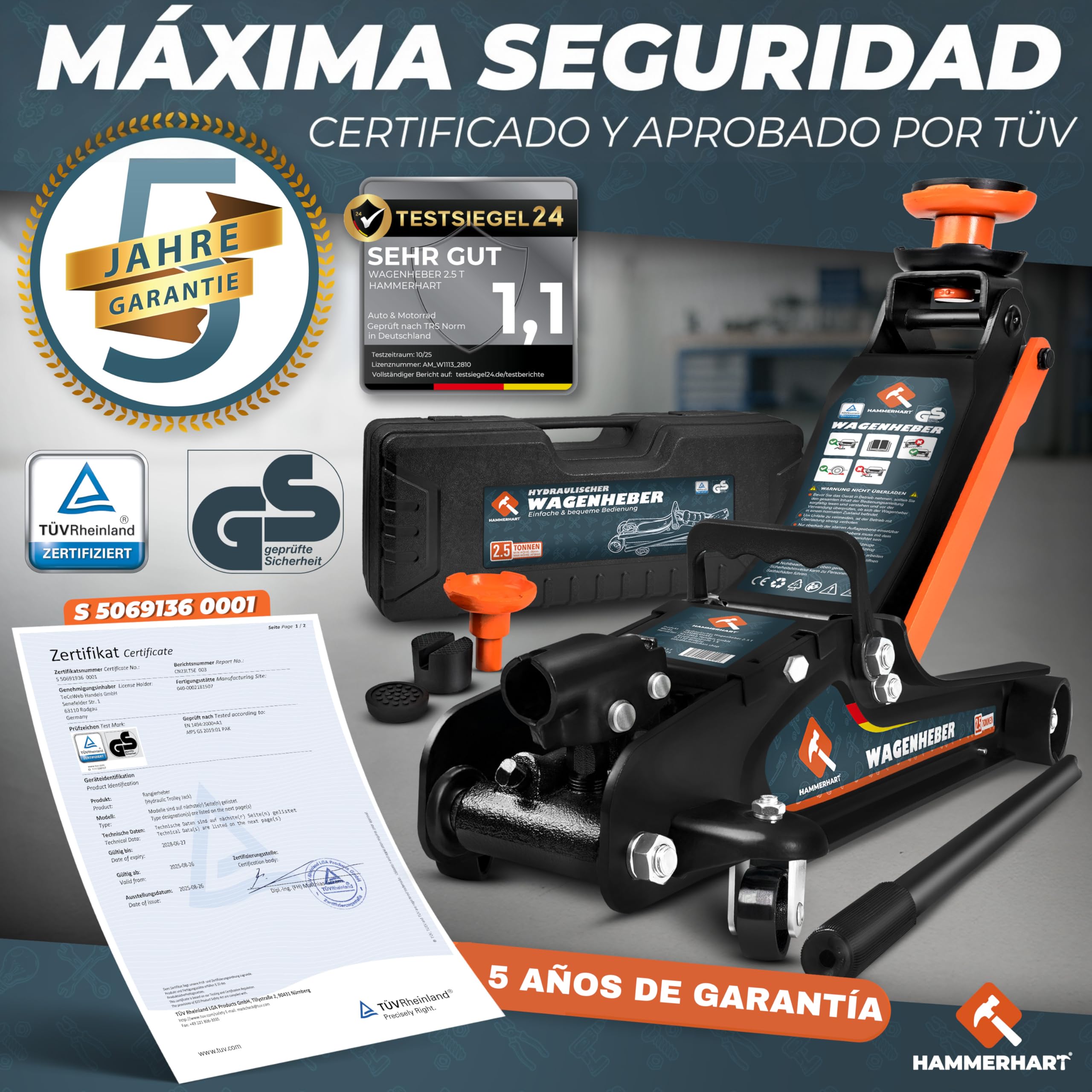 Gato hidraulico para coche 2,5 T | Gato coche maniobra premium homologado TÜV Altura de elevación 85-384 mm | Gato hidráulico plano con ruedas de 360° y pistón doble - Gato de 2,5 toneladas con almoha