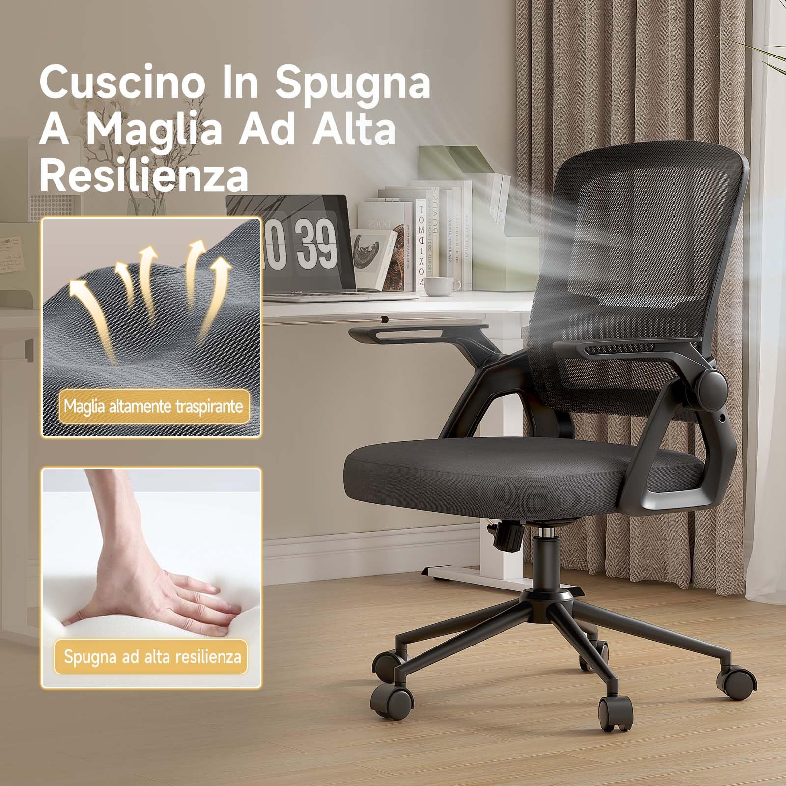 naspaluro Sedia da Ufficio Scrivania Ergonomica, Con Braccioli Pieghevoli, Altezza Regolabile, Seduta e Schienale in Rete Respirante, Girevole con Ruote, Funzione Oscillante Nera