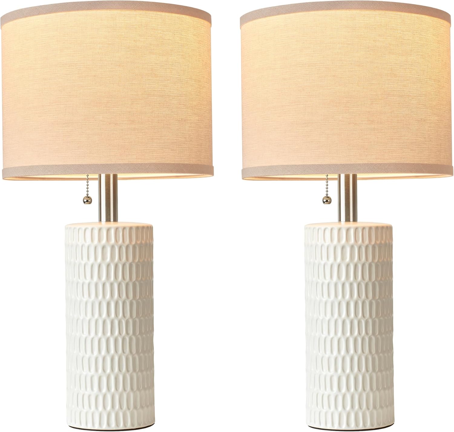 20.5" Modern Ceramic Table Lamps for Bedroom Set of 2, Bedside Lamps for Night Stands with Beige Lampshade, Farmhouse Table Lamp for Living Room Office Dorm, White