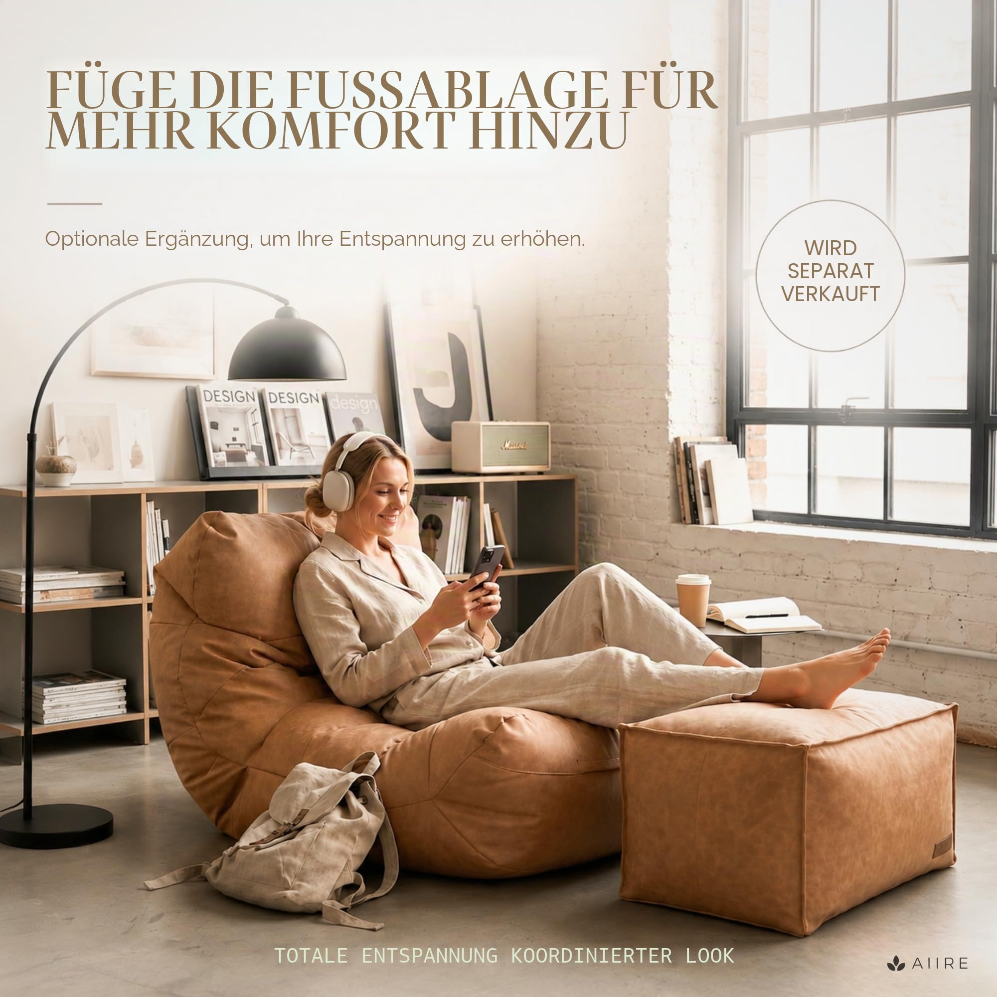Aiire Relaxo Sitzsack XXL für Kuschelecke - Bean Bag Design aus Kunstleder mit Füllung - Riesen Sitzsäcke Erwachsene, Sitz Sack Flauschig - Bodenkissen Grob, Bodenstuhl, Bodensessel Beige
