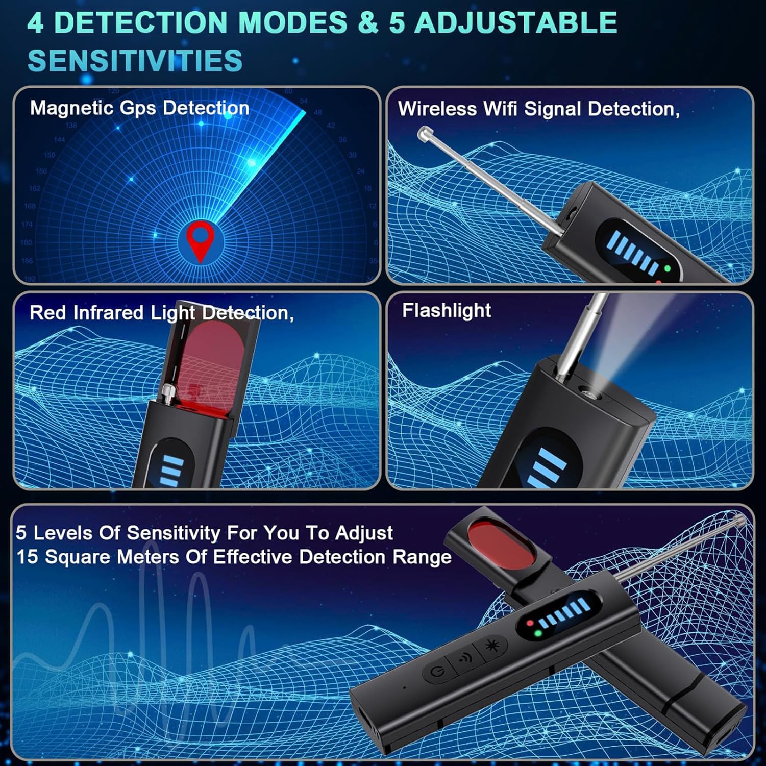QEBAJI Hidden Camera Detector, Spy Camera Detector, Portable Hidden Insect Detector and Camera, 5 Sensitivity Levels, 6 Modes, Rechargeable Wireless for Home 4