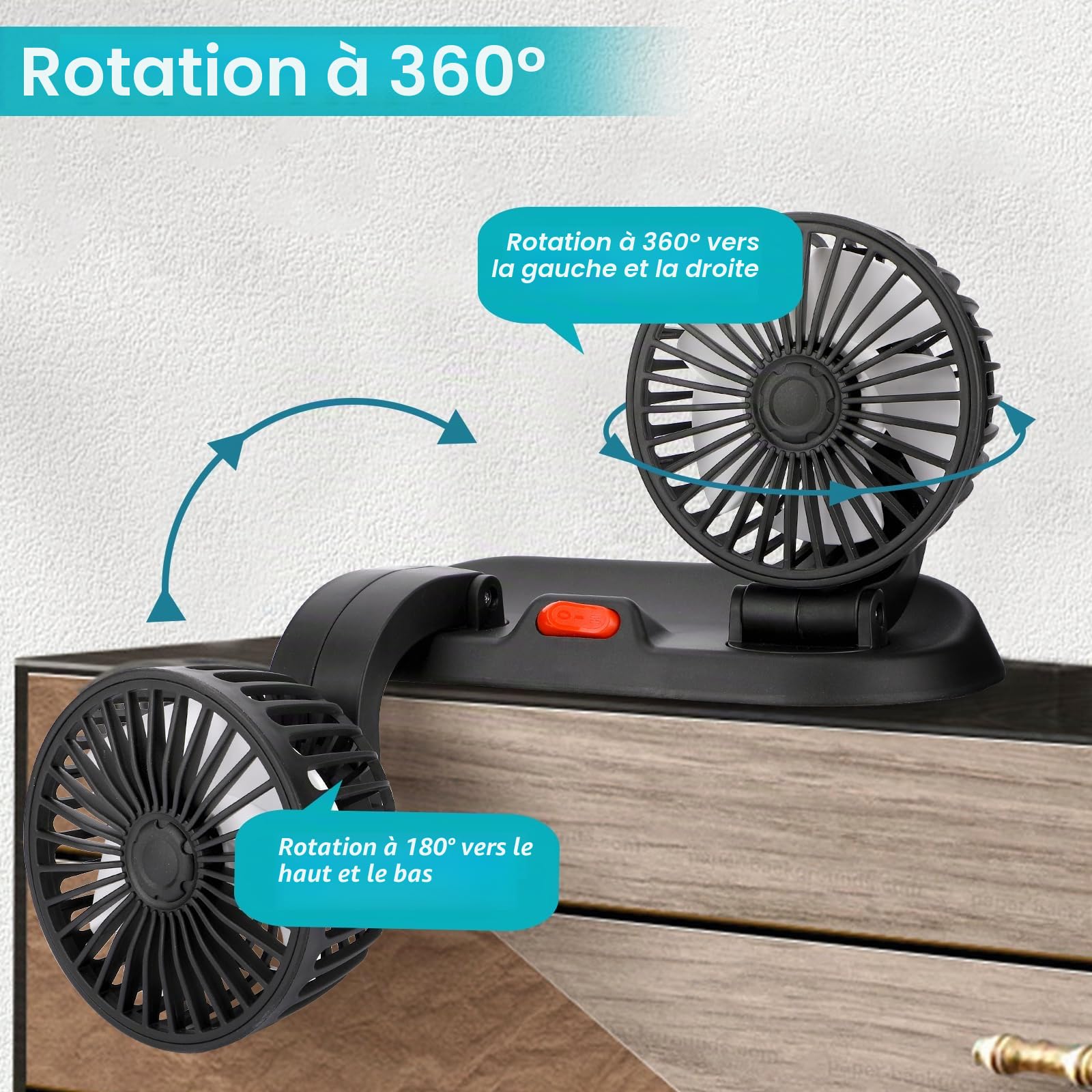 Ventilateur Double Têtes 5V USB Ventilateur de Véhicule Ventilateur de Bureau, Rotation à 360 Degrés Ventilateur de Refroidissement Avec 2 Vitesses, Ventilateur portable Voiture pour Bureau Maison