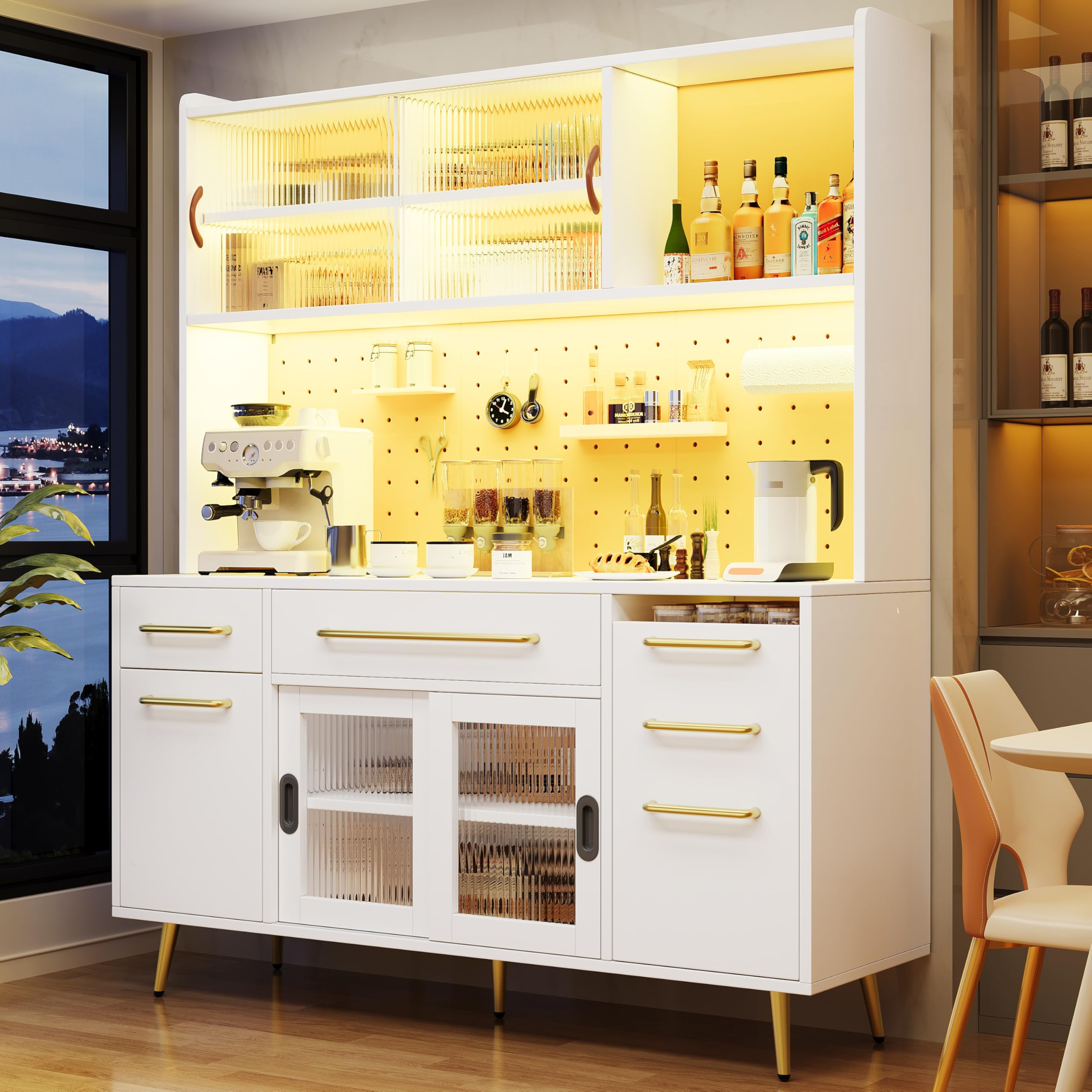 Credenza bianca 145 × 39 × 171 cm, armadio alto per cucina e soggiorno, armadietto con parete forata, cassetto e porta in vetro