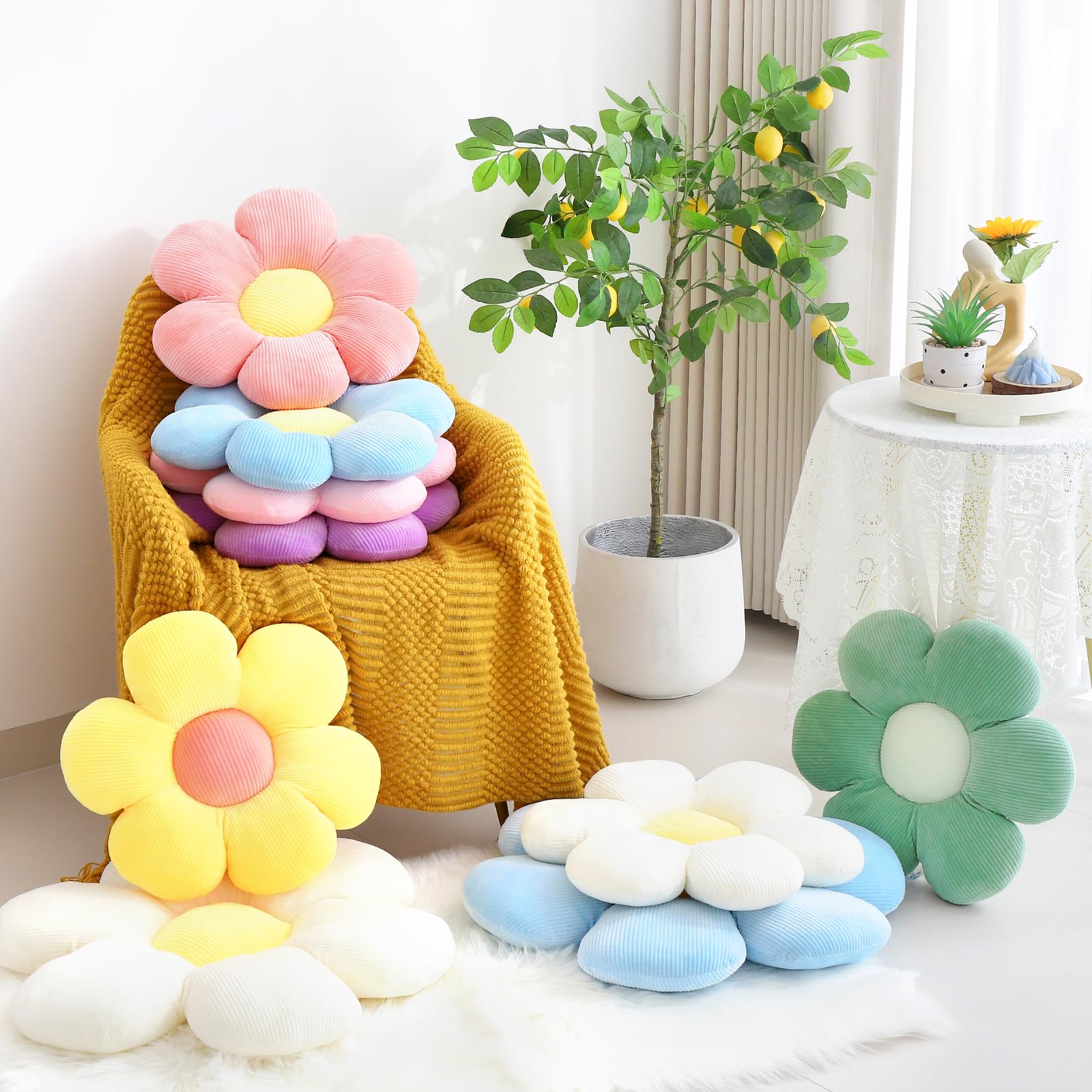 Mepherl Six Petal Flower Pillow,Soft Flower Shaped Throw Pillows Cushion Seating for Home Decorative,Cute Daisy Throw Pillow for Bed Sofa Couch (White,15.7'')