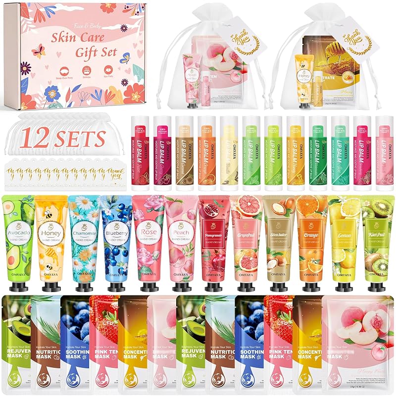 YUEONEWIN Kit com 12 conjuntos de cuidados pessoais, máscaras faciais, máscaras para os olhos, cremes para as mãos e bálsamos labiais com sacolas de organza e cartões de agradecimento