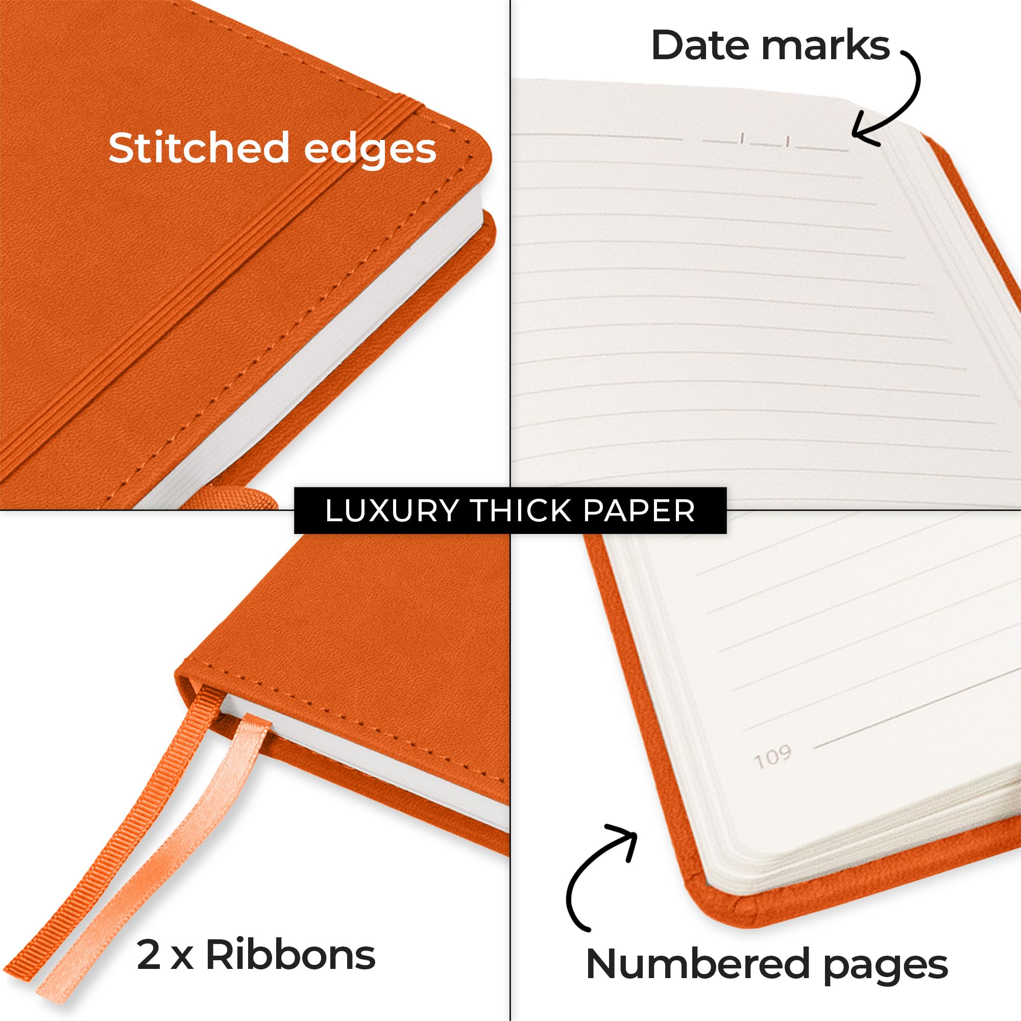 Notes London - Confezione da 50 quaderni A5 con copertina rigida cucita, pagine a righe numerate e contrassegnate con data, 100 g/m², 2 nastri, passante per penna, pagina contenuti, tasca, di