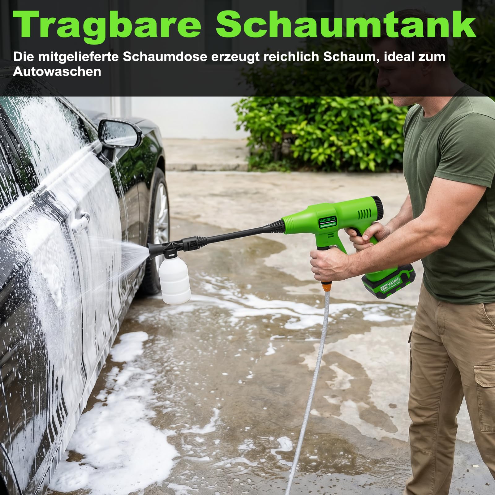 Akku Hochdruckreiniger, Mobiler Druckreiniger mit 2 Akkus und Ladegerät, 6-in-1 Düse, 6M Schlauch Direktanschluss Wasserhahn und Flaschenanschluss für die Auto/Garten/Bewässerung