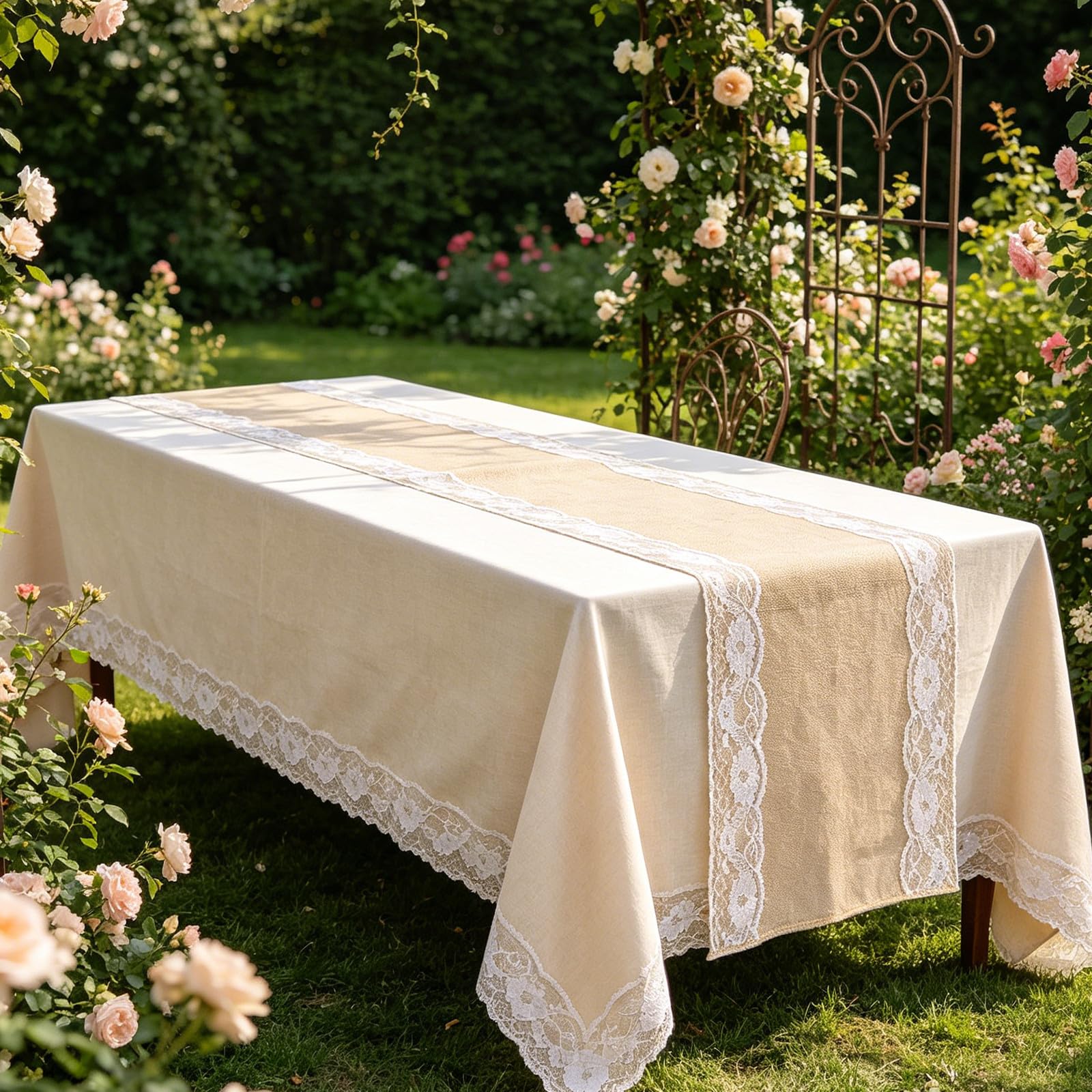 VOSAREA 12 Pièces Chemin de Table et Résistant Déformation en Lin Rustique 30 X 178 Cm Bordure Blanche, Lavable en Machine pour Mariage et Réception