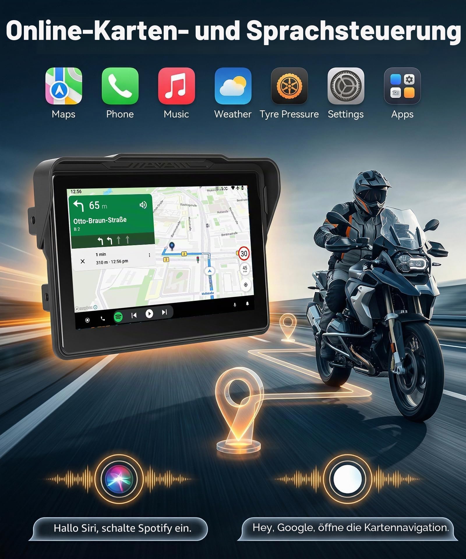 Rimoody 7 Zoll Carplay Bildschirm für Motorrad, Kabellos Carplay & Android Auto Display für Motorräder, Wireless CarPlay Autoradio für Krafträder, IP68 Wasserdichter, Bluetooth, Sprachsteuerung, GPS