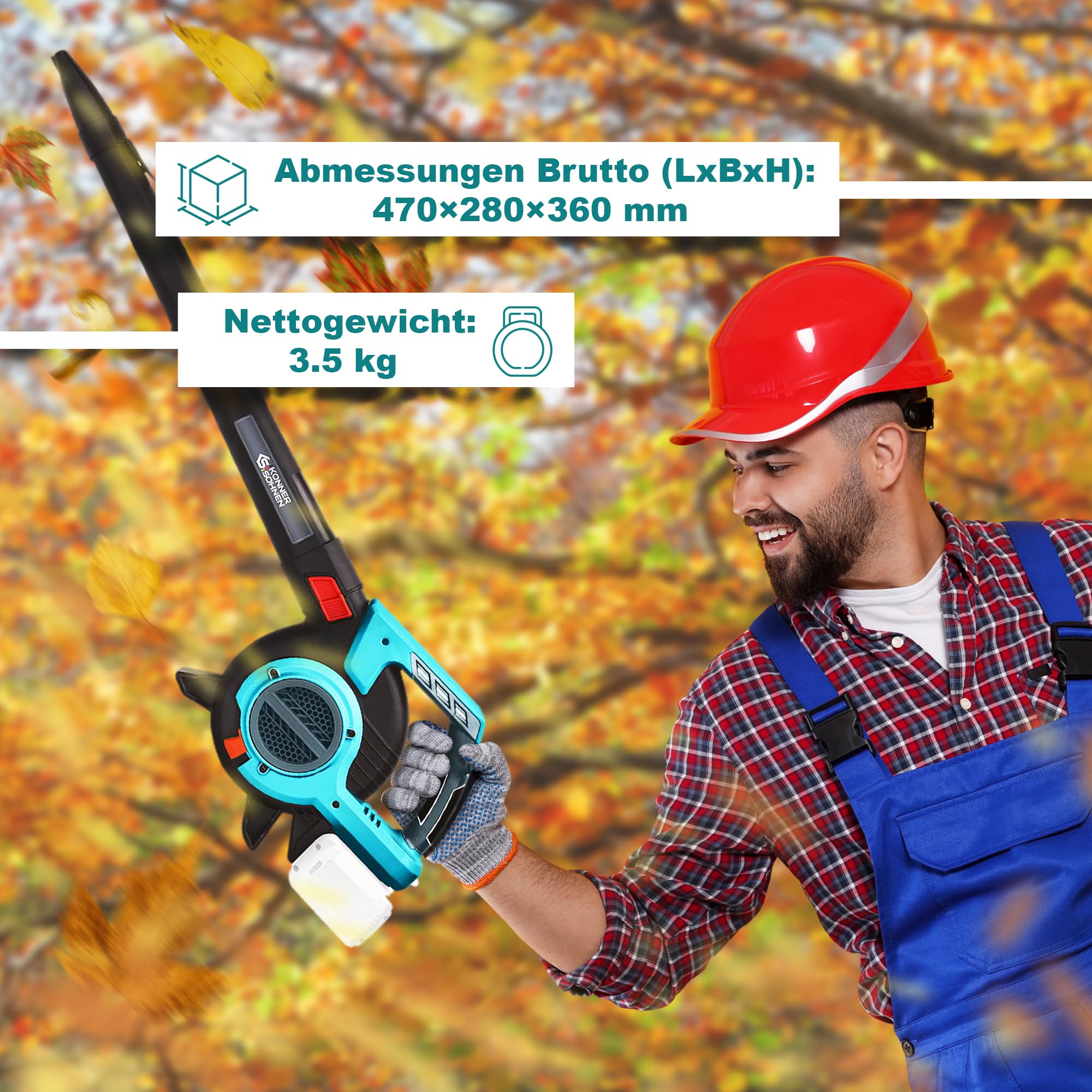 Akku-Gartensauger mit Laubzerkleinerungsfunktion KS LBV-40V, Nennspannung 40 (20+20) V, Leerlaufdrehzahl 1630 U/min, Volumen des Staubsaugerbeutels 45 l, 4 Geschwindigkeiten +Turbomodus