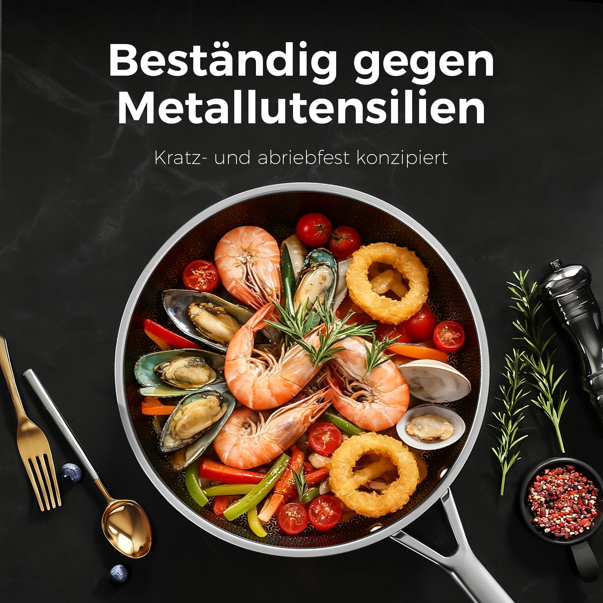 Edelstahlpfanne Pfannenset 2-teilig 24+28cm, DiamondTitan-Keramikbeschichtung, Antihaft Wabenpfanne, Pfanne induktion, Für alle Herdarten, Kühlbleibendem Griff, Spülmaschinenfest
