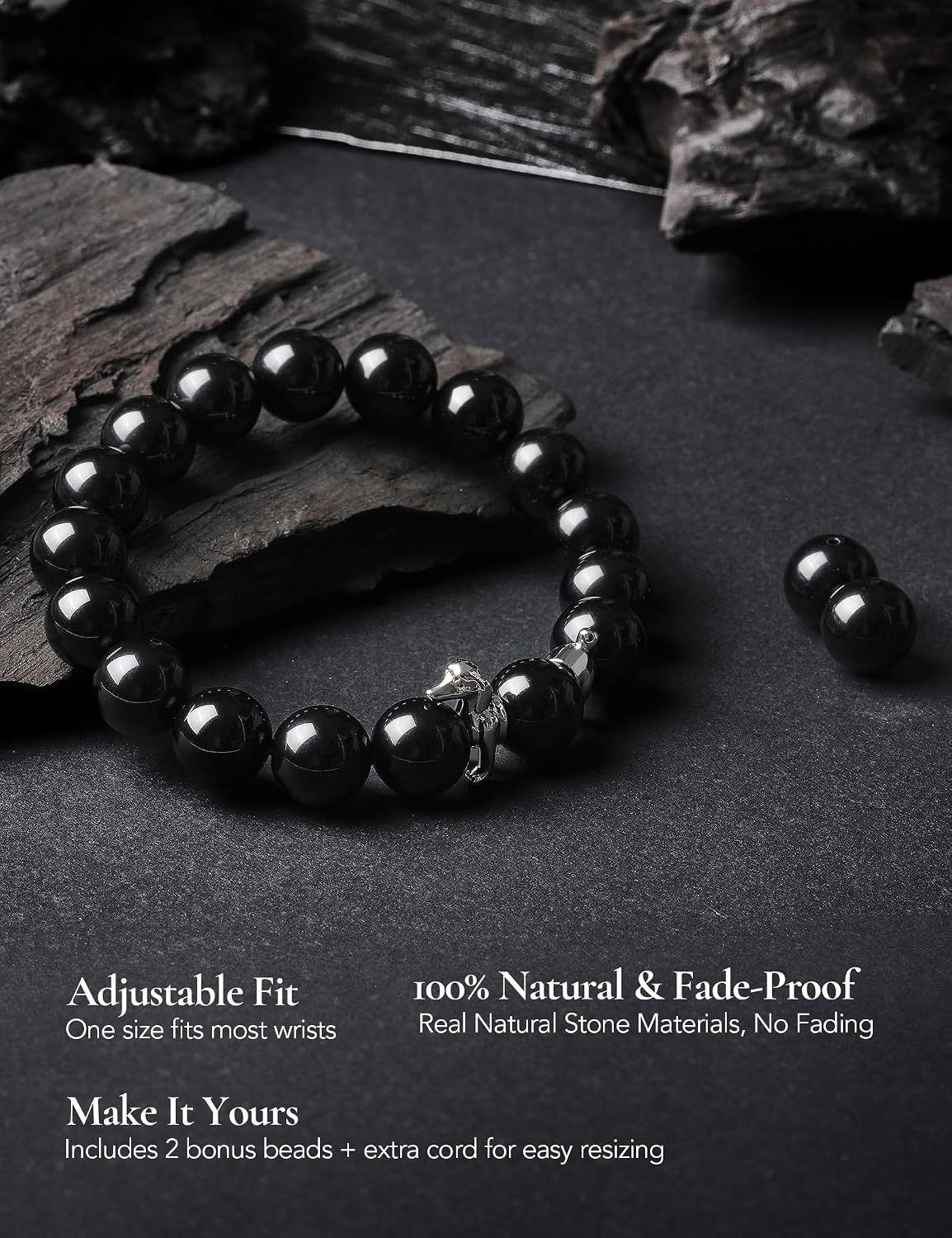 King Will Men's Black Onyx Bead Bracelet with Unique Dachshund Dog Charms, 10mm Glossy Natural Stone Pet Lover Gift, Stylish Animal Jewelry