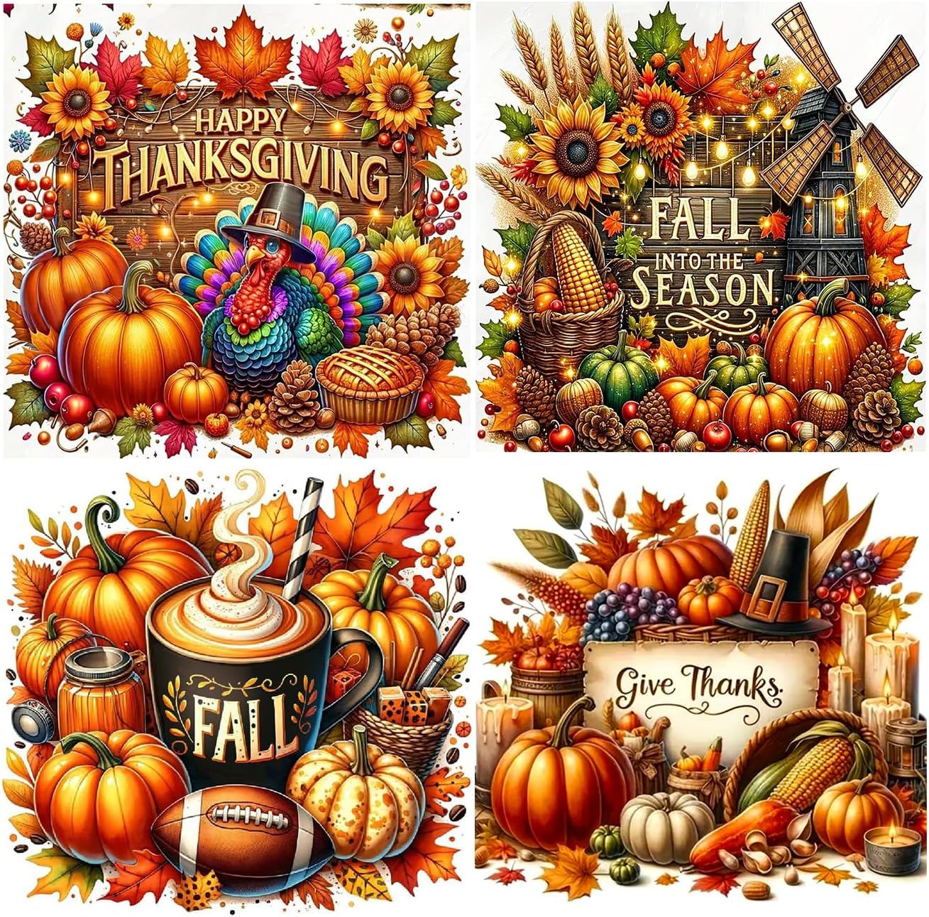 RYMILIE 4 Pack Pumpkin Diamond Art Kits for Adults, 5D Fall Diamond Painting Kits for Adults Beginners, DIY Full Round Drill Diamond Dot Painting Gem Art Kits for Adult, Home Wall Decor 13.7x13.7Inch
