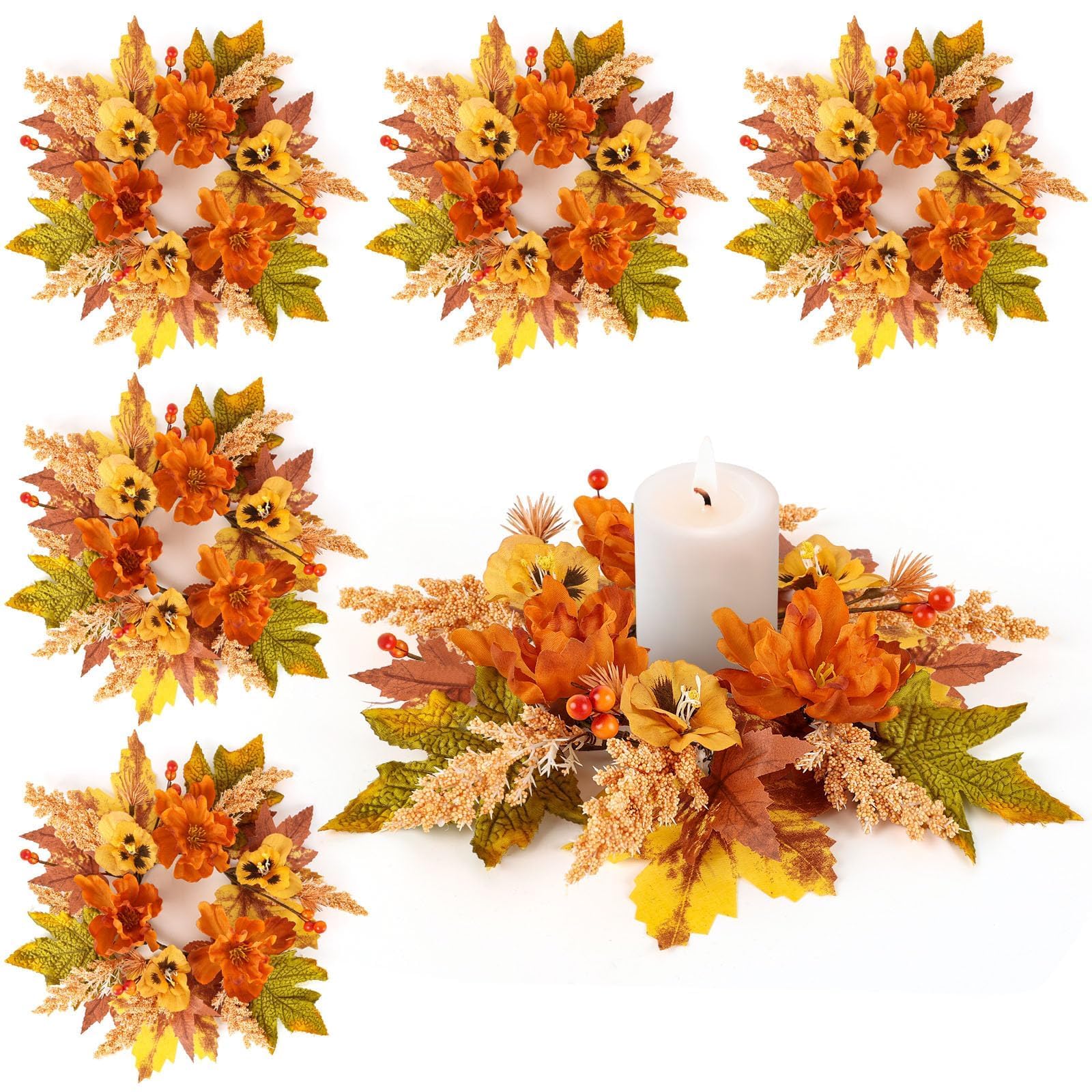6 Pcs Fall Candle Ring Wreath Flower Berry Table Centerpiece Candle Wreath