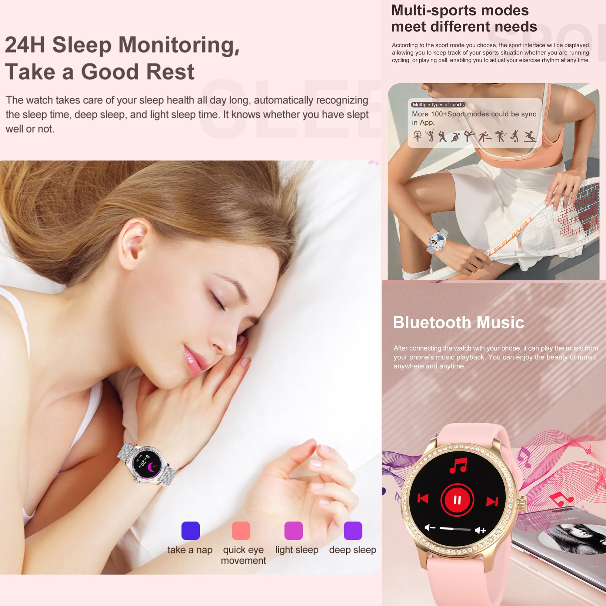 Reloj Inteligente Mujer con Llamadas, 3 Correas, 1,28 Pulgada Smartwatch Deportivo con Diamond Podometro Pulsometro SpO2 Sueño Presion Arterial Actividad 5ATM Reloj Digital para iOS Android (Plata)