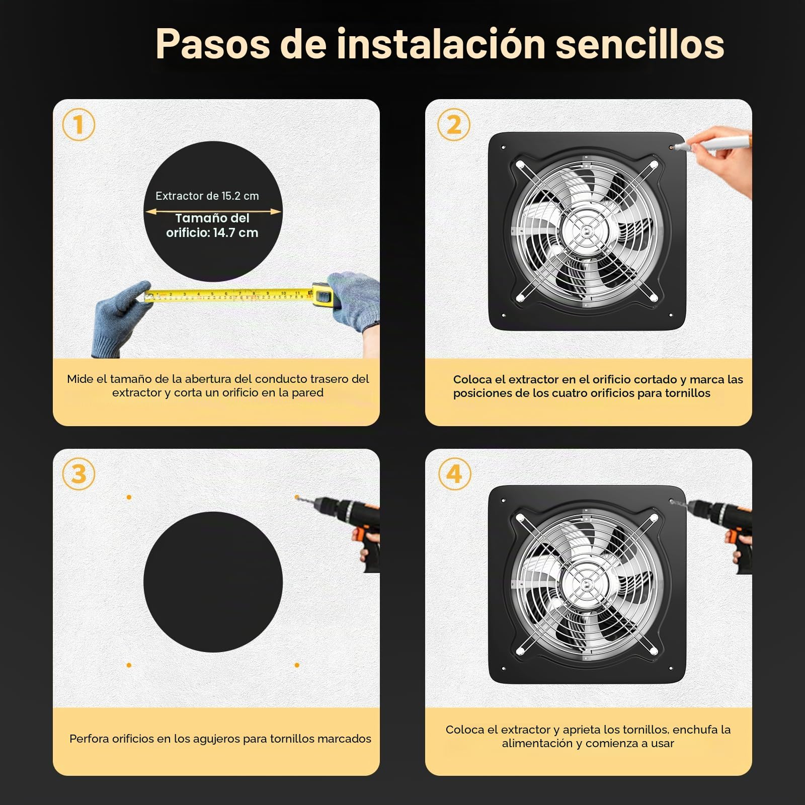FanGoFast Extractor de Aire 150mm Ventilador de Baño 525m³/h Silencioso con Aleta de Retorno Potente Ventilador Metálico de Pared con Enchufe EU para Cocina Garaje Sótano (Negro, 150mm)