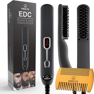 Aberlite EDC - Premium Beard Straightener Brush - Professional Straightening Tool Heated Comb - Beard Kits Gift Sets - Beard Grooming Kit for Men Gift Set (Grey)
