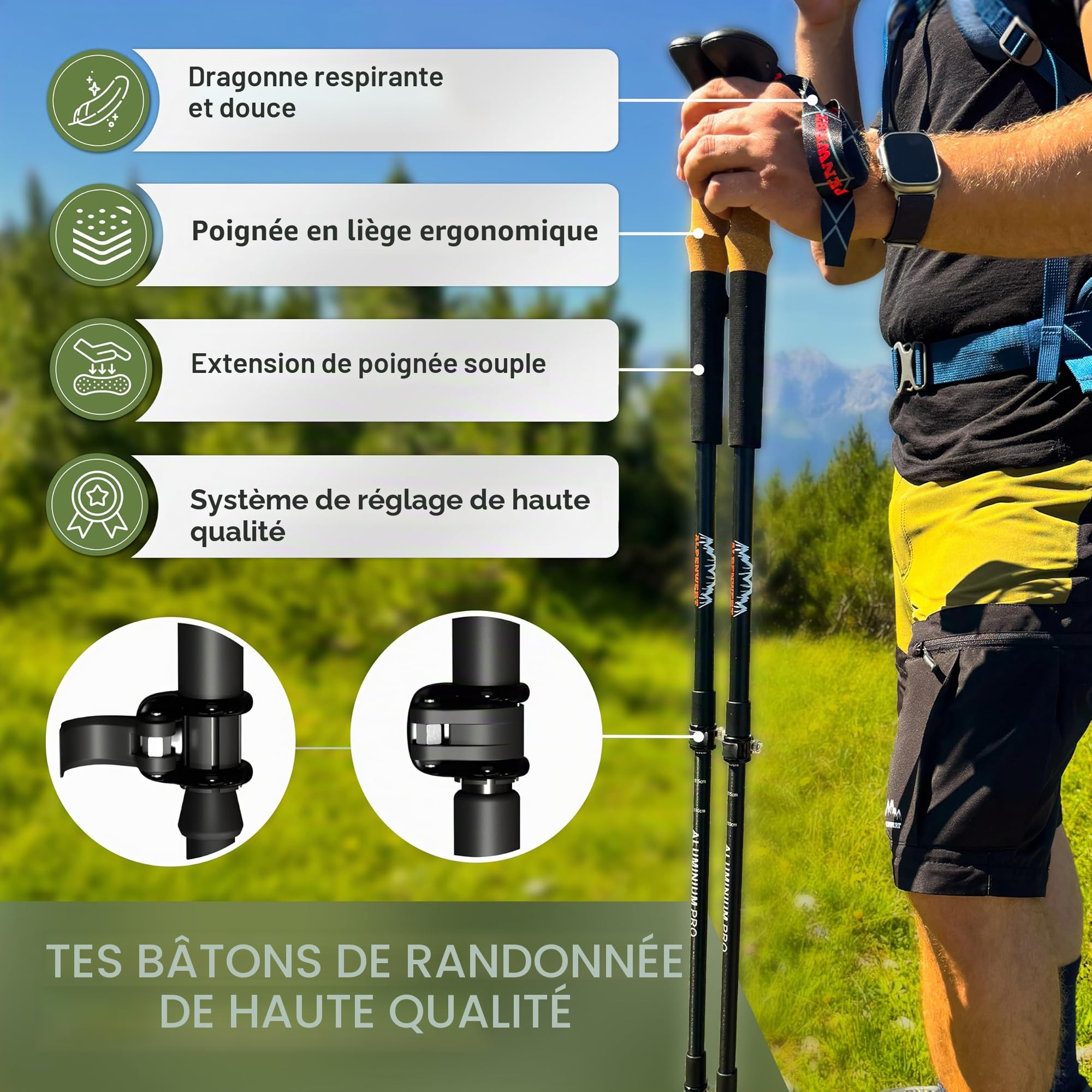 ALPENWERT Bâtons de randonnée [carbone ou aluminium] Bâtons de marche pour homme et femme – Bâtons de trekking télescopiques avec poignée en liège pour la randonnée, la marche nordique et les