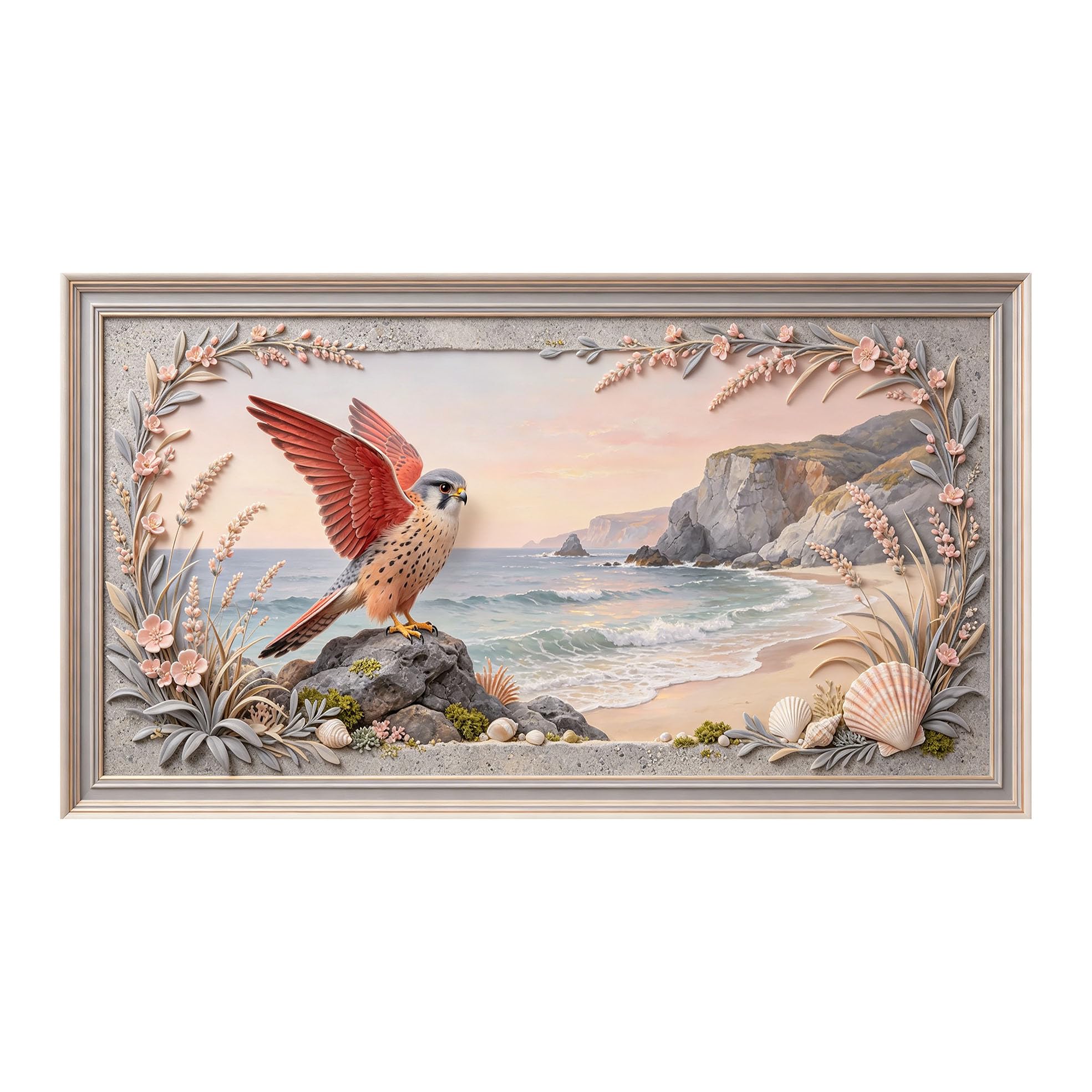 Yzpallescene 3D 3D Framed Wall Art 50cm×90cm Coastal Seaside Landscape Bird Relief Effect Large Size SelfAdhesive Removable Wall Decor Prints Artwork for Living Room Bedroom Office