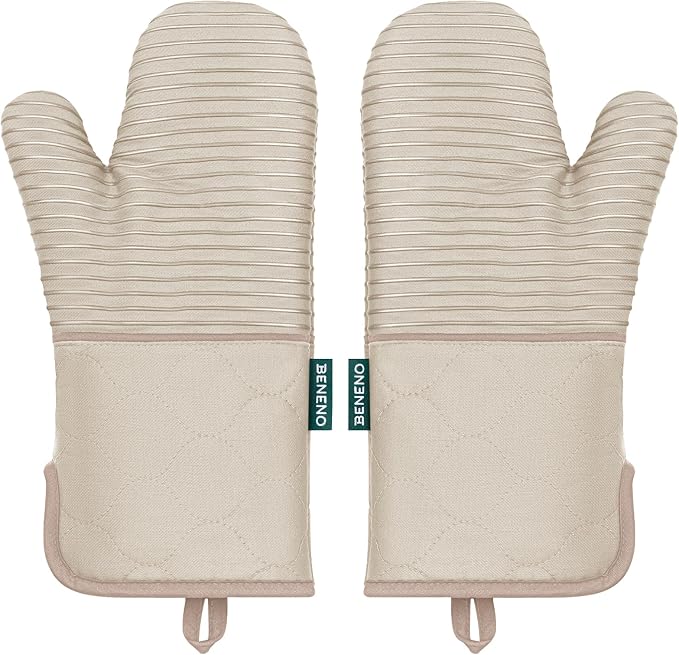 Beneno Kitchen Oven Mitts 2-Pack Heat Resistant to 500°F with Non-Slip Silicone Grip, Extra Long 14.3" Forearm Protection, Soft Quilted Cotton Terry Lining, Ideal for Cooking, Baking, Grilling, Beige