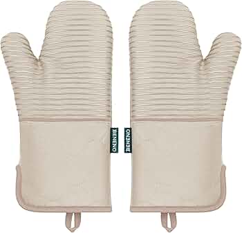 Beneno Kitchen Oven Mitts 2-Pack Heat Resistant to 500°F with Non-Slip Silicone Grip, Extra Long 14.3" Forearm Protection, Soft Quilted Cotton Terry Lining, Ideal for Cooking, Baking, Grilling, Beige