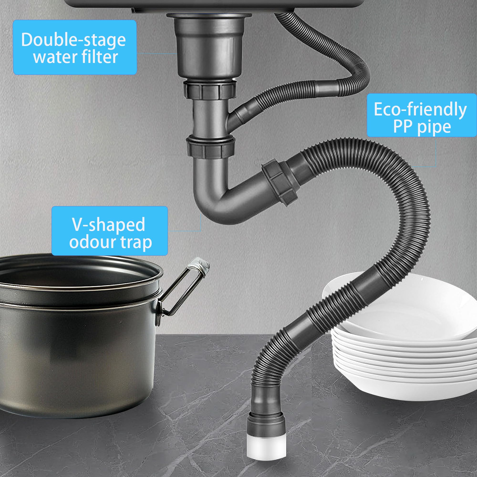 Fregadero de Cocina 1 Seno con Escurridor, Acero Inoxidable Negro, con Dispensador de Jabón para Baño, Viajes en Caravana, 68 * 45 * 20cm