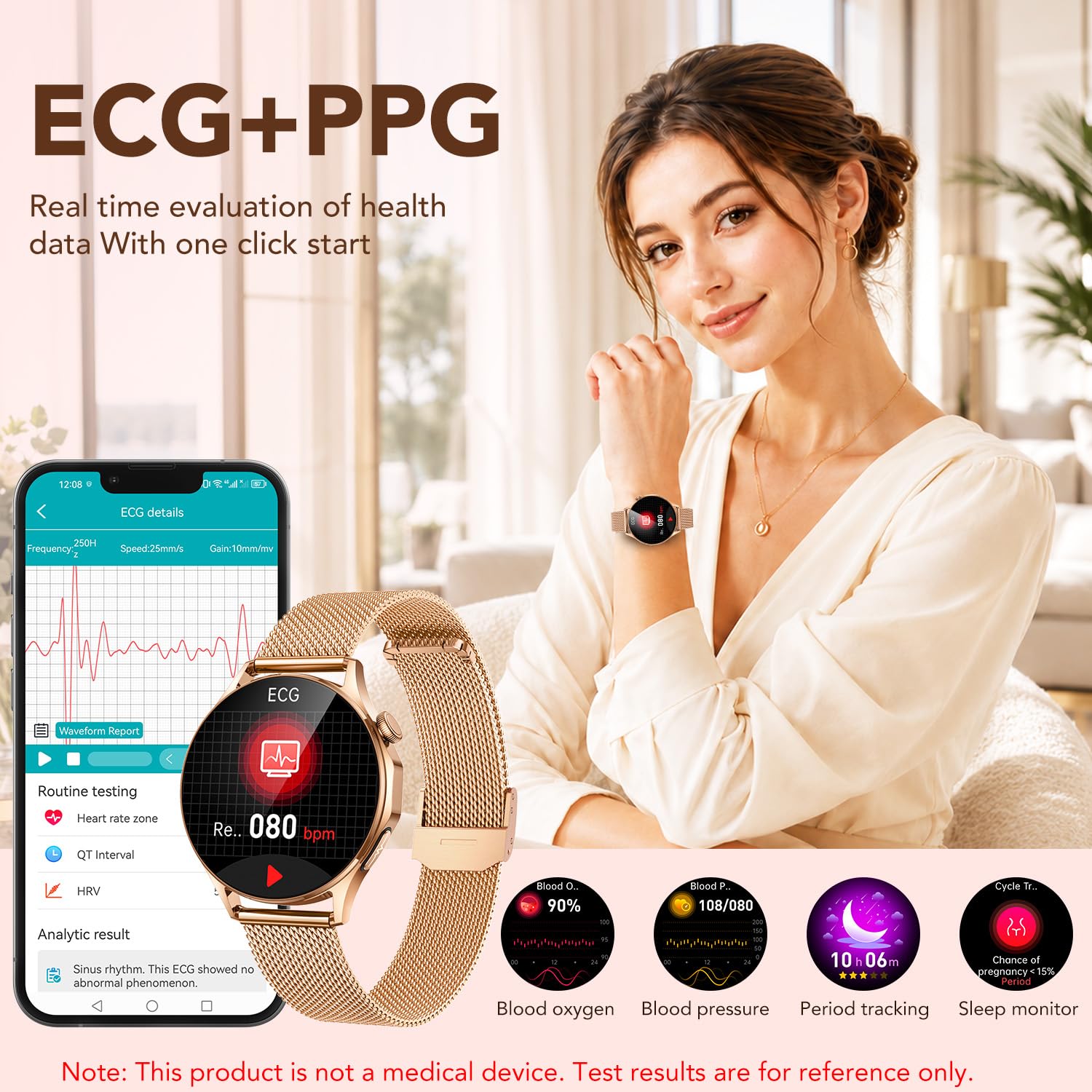 ECG Montre Connectée Femme Smartwatch: 1.32" AMOLED Écran PPG HRV IMC Acide Urique Émotions Repondre Appel Sommeil Fréquence Cardiaque SpO2 Étanche Podomètre Température Montre Sport pour Android iOS