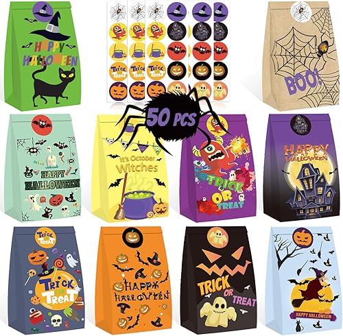 WOONOO 80 bolsas de regalo de Halloween, 10 estilos de bolsas de papel de regalo de Halloween para recuerdos de fiesta con 80 calcomanías, bolsas de