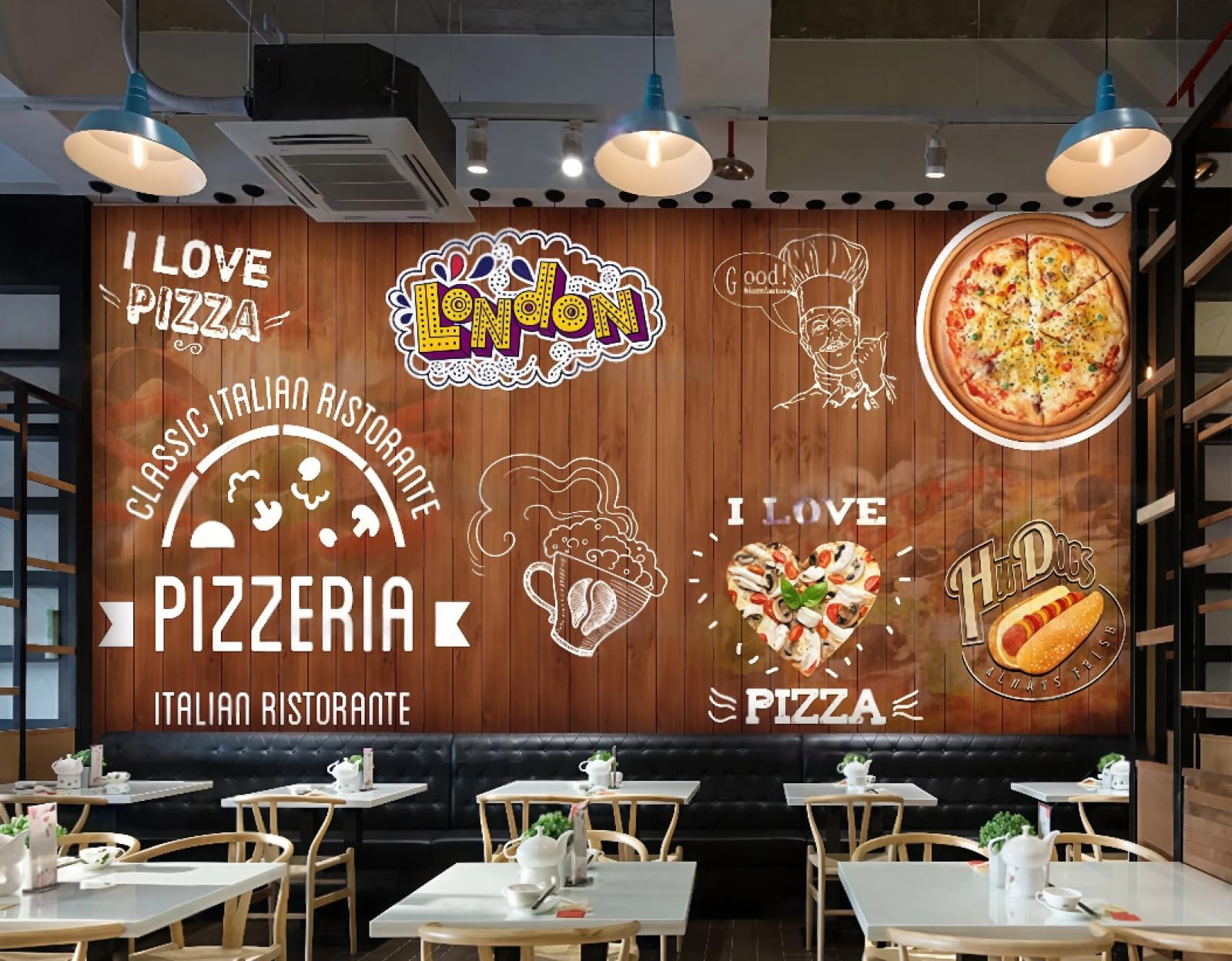 Xdoubao 3D Wallpaper Nostalgic Retro Wooden Board Hand-Painted Pizza Shop Drink Shop Afternoon Tea Western Restaurant Background Wall Wallpaper Coffee Shop Mural,,300X210cm