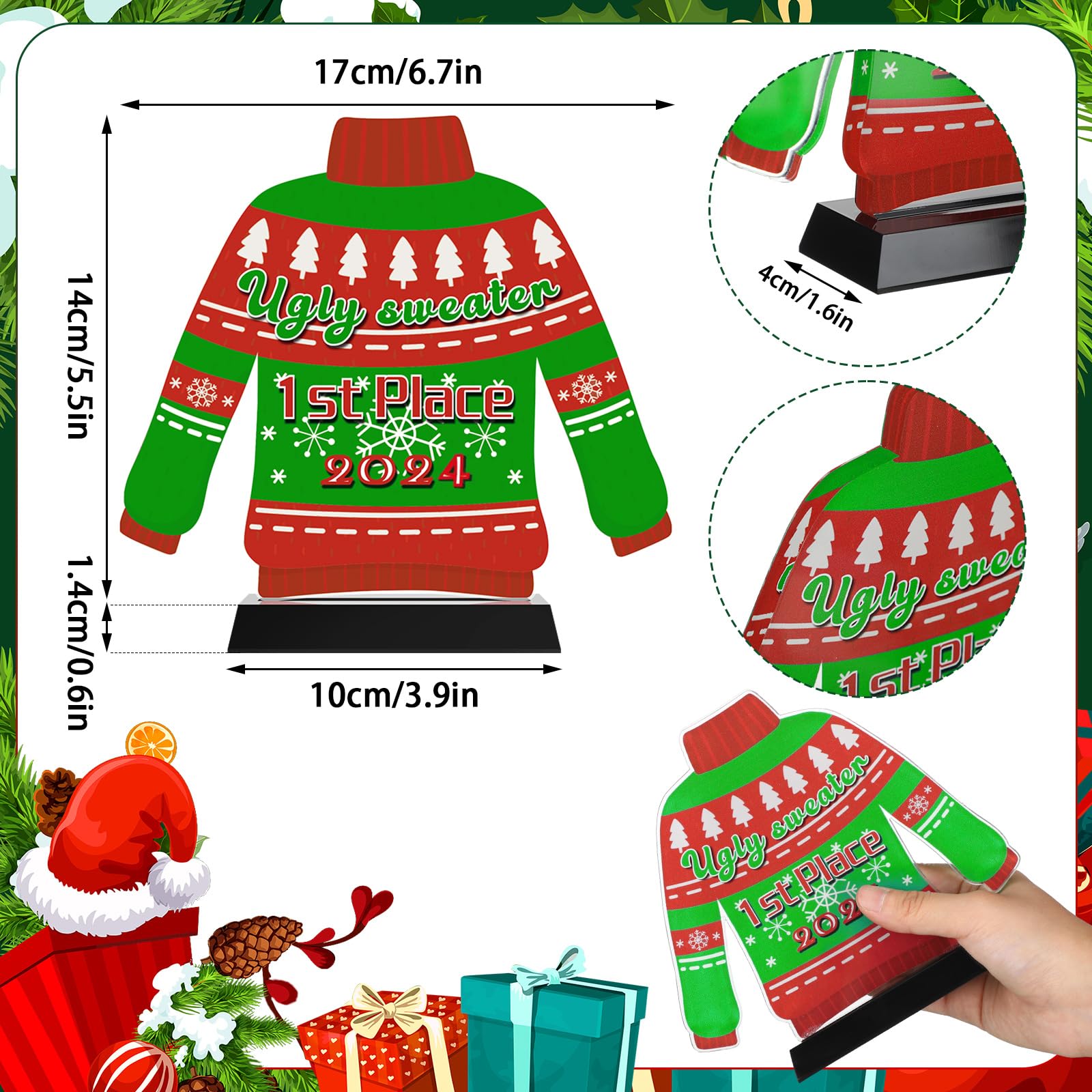 Soaoo 3 Pieces Ugly Christmas Sweater Trophy 6.7 Inch Acrylic Christmas Sweater Party Trophy Award 1st 2nd and 3rd Place Trophy Funny Trophy for Adults
